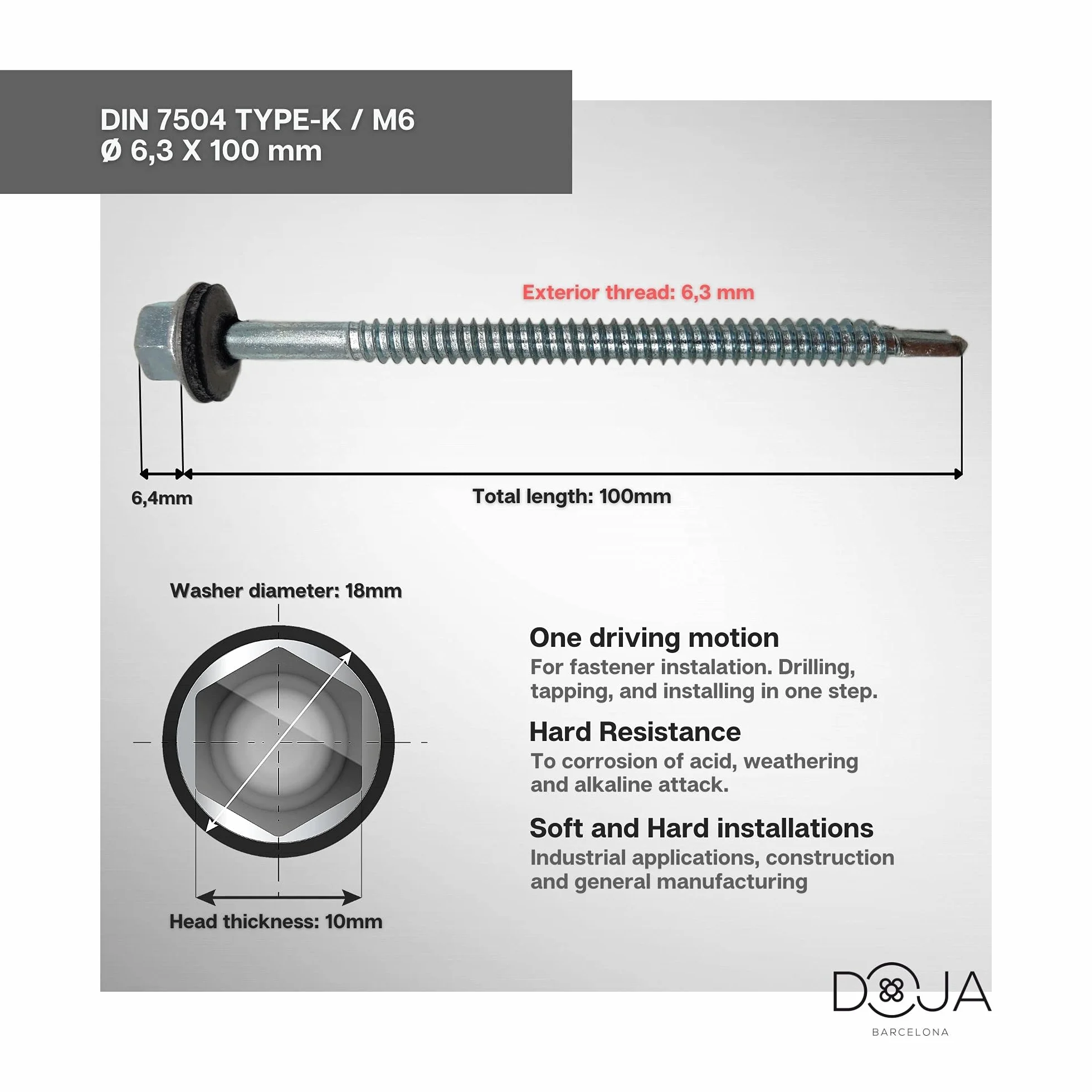 DOJA Industrial | METAL M6 WŚRUBY SAMOGRANICZNEJ | PACK 50 | 6,3 x 100 mm | Śruba do wiertarki samochodowej z sześciokątną końcówką uszczelniającą dla dodatkowego mocowania | Śruba samobójcza do