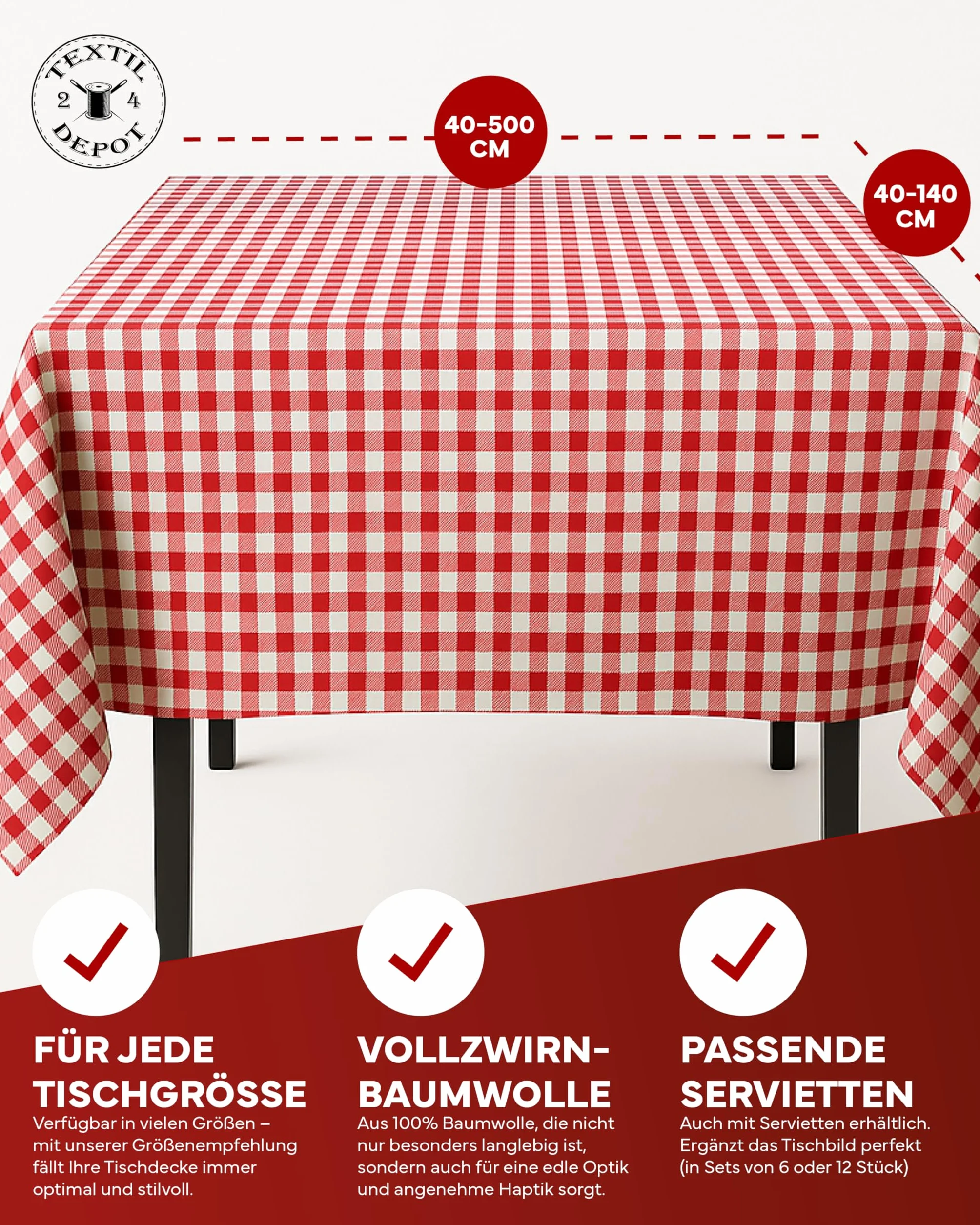 Bieżnik na stół 30 x 140 cm czerwono-biała kratka 100% bawełna