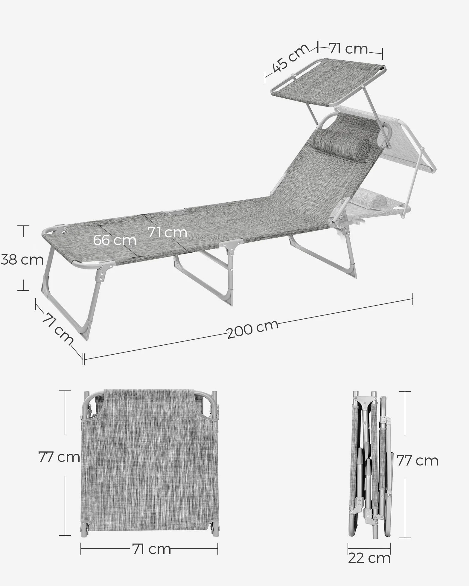 SONGMICS Duży leżak do opalania, składany leżak 71 x 200 x 38 cm, obciążenie 150 kg, z ochroną przed słońcem, zagłówkiem i regulowanym oparciem, do ogrodu, na basen, taras, Greige GCB022G01