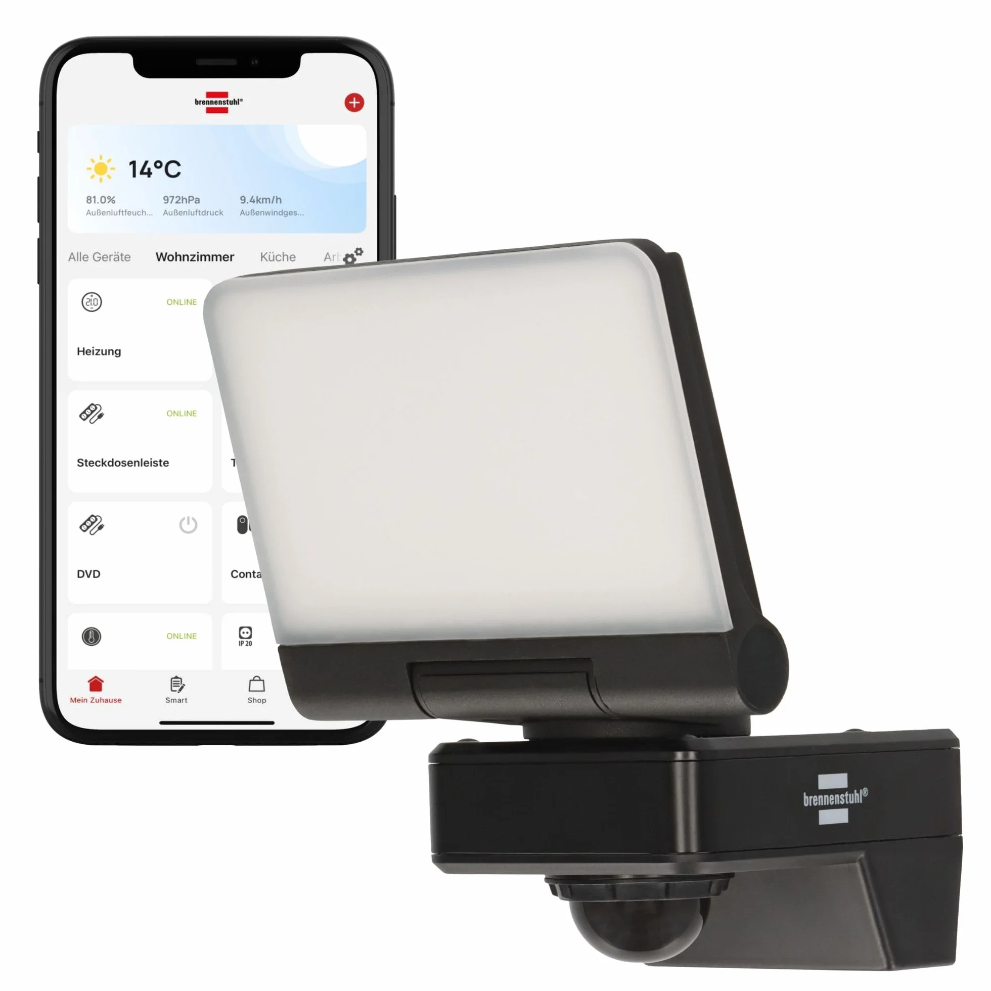 Brennenstuhl Connect WiFi LED Reflektor WF 2051 P (24W, 2800lm, IP54, różne funkcje świetlne regulowane za pomocą aplikacji, reflektor zewnętrzny do montażu na ścianie z czujnikiem ruchu)