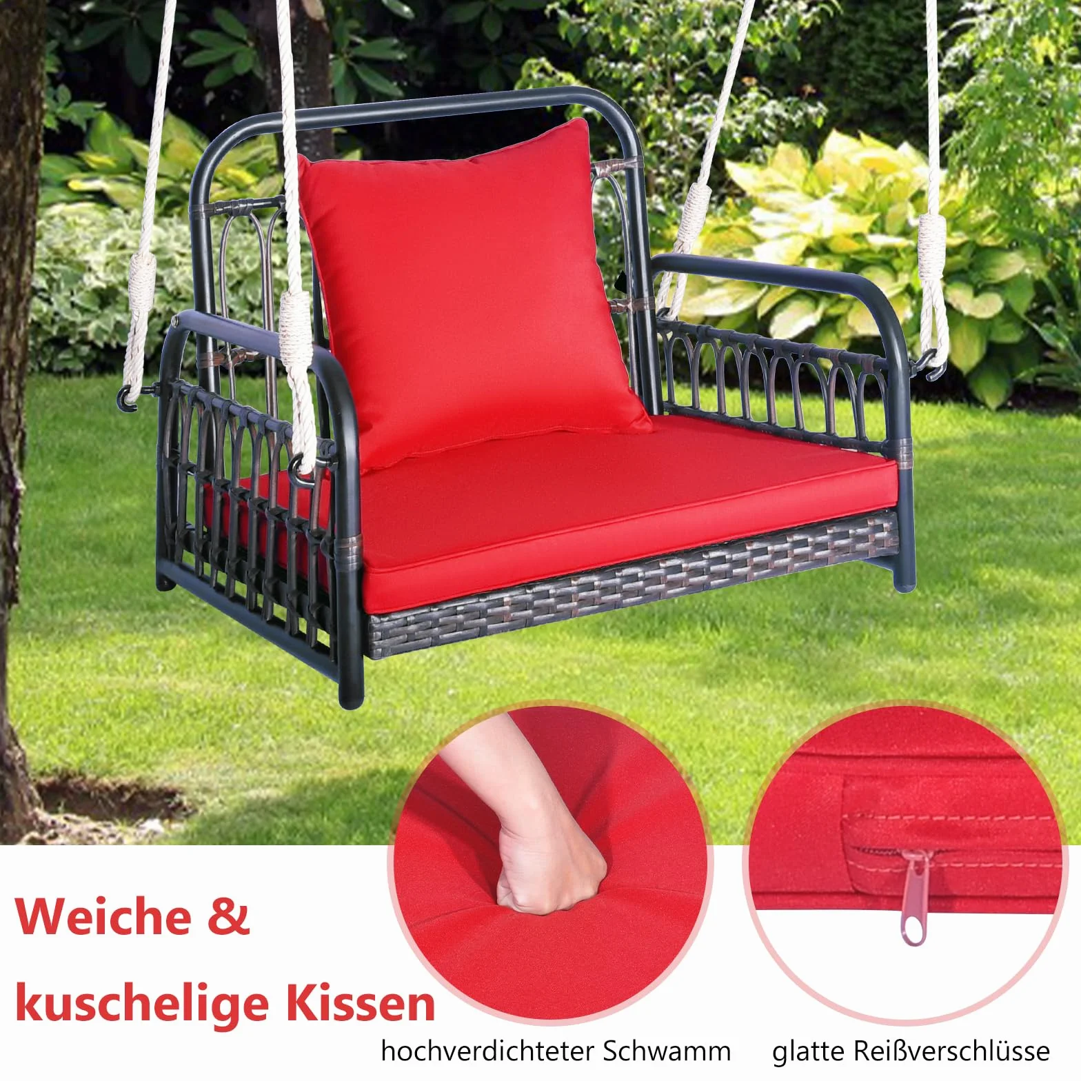 COSTWAY Fotel wiszący, huśtawka tarasowa, obciążenie do 180 kg, fotel wiszący z poduszką na siedzisko i oparcie, metalową ramą i linami wiszącymi, na werandę i podwórko