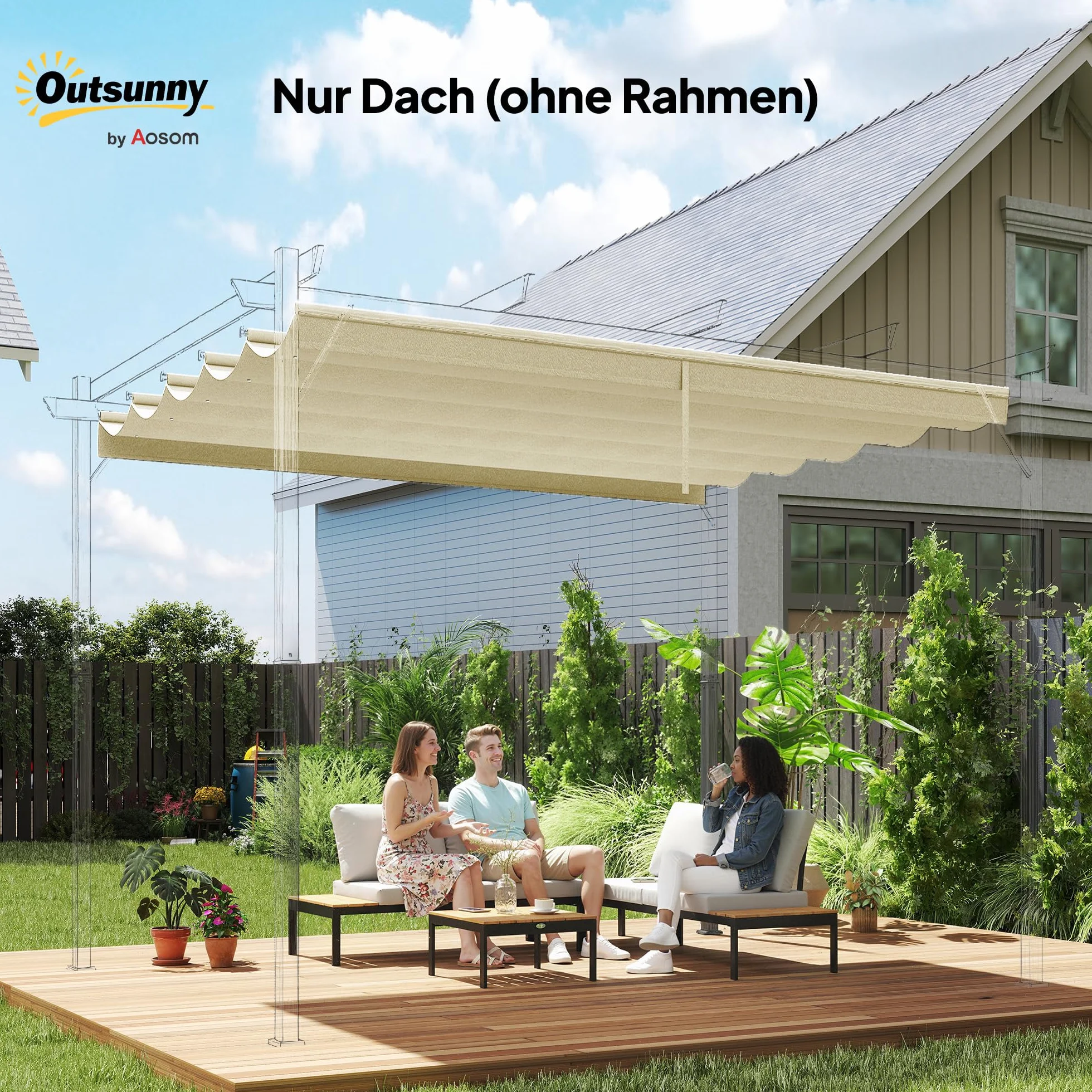 Outsunny Wymienny dach na pergolę 3 x 3 m wodoodporny zasuwany falowy 250 x 255 cm kremowy