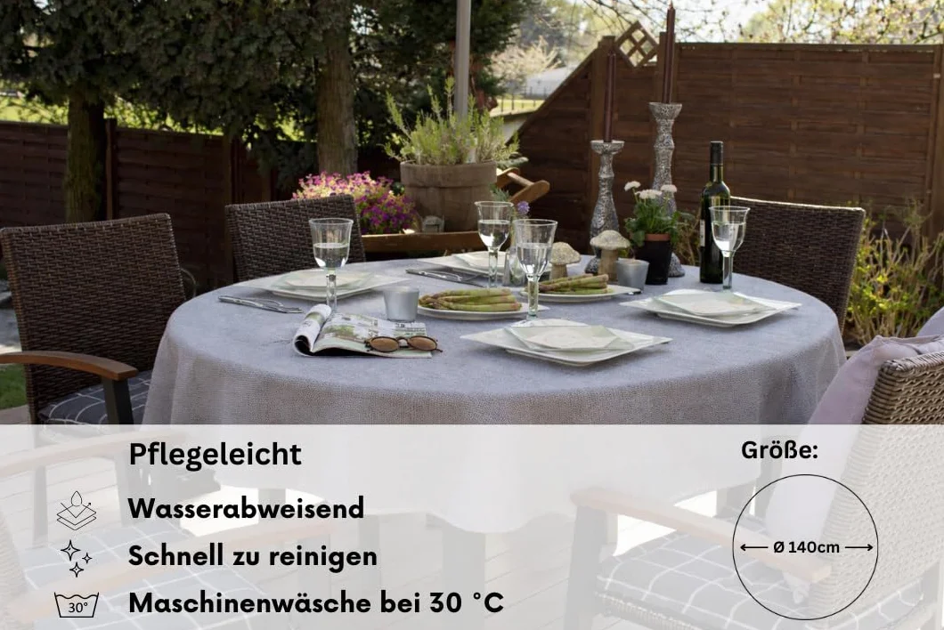 Brandsseller - piankowy obrus ogrodowy odporny na warunki atmosferyczne i antypoślizgowy, obrus do ogrodu, na balkon i na kemping (okrągły 140 cm, jasnoszary)