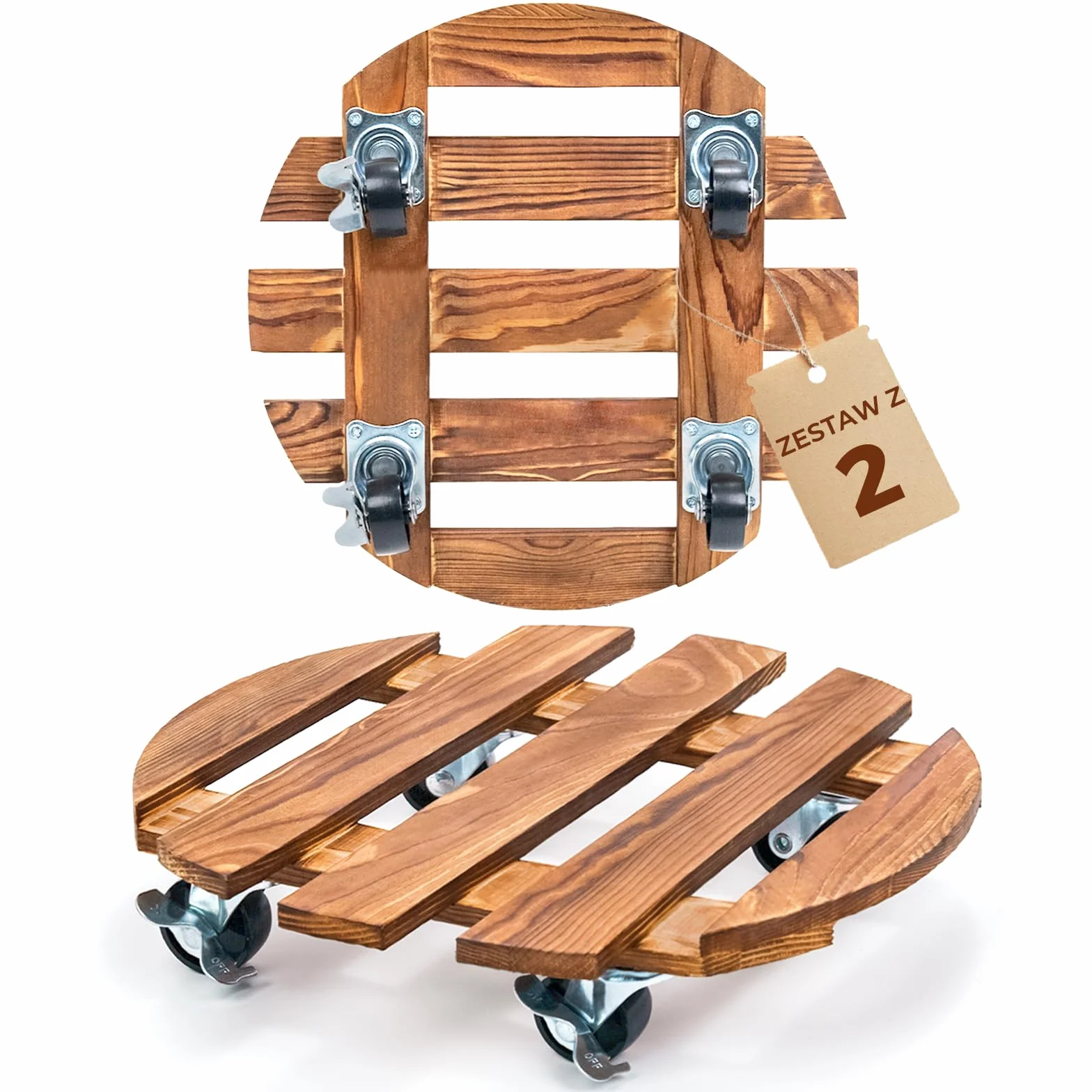Bamworld Rolki do Roślin Drewniane Okrągłe Zestaw 2 szt.stabilna rolka do roślin outdoor odporna na warunki atmosferyczne z hamulcem, podstawka pod doniczkę z kółkami Ø 30.5 cm