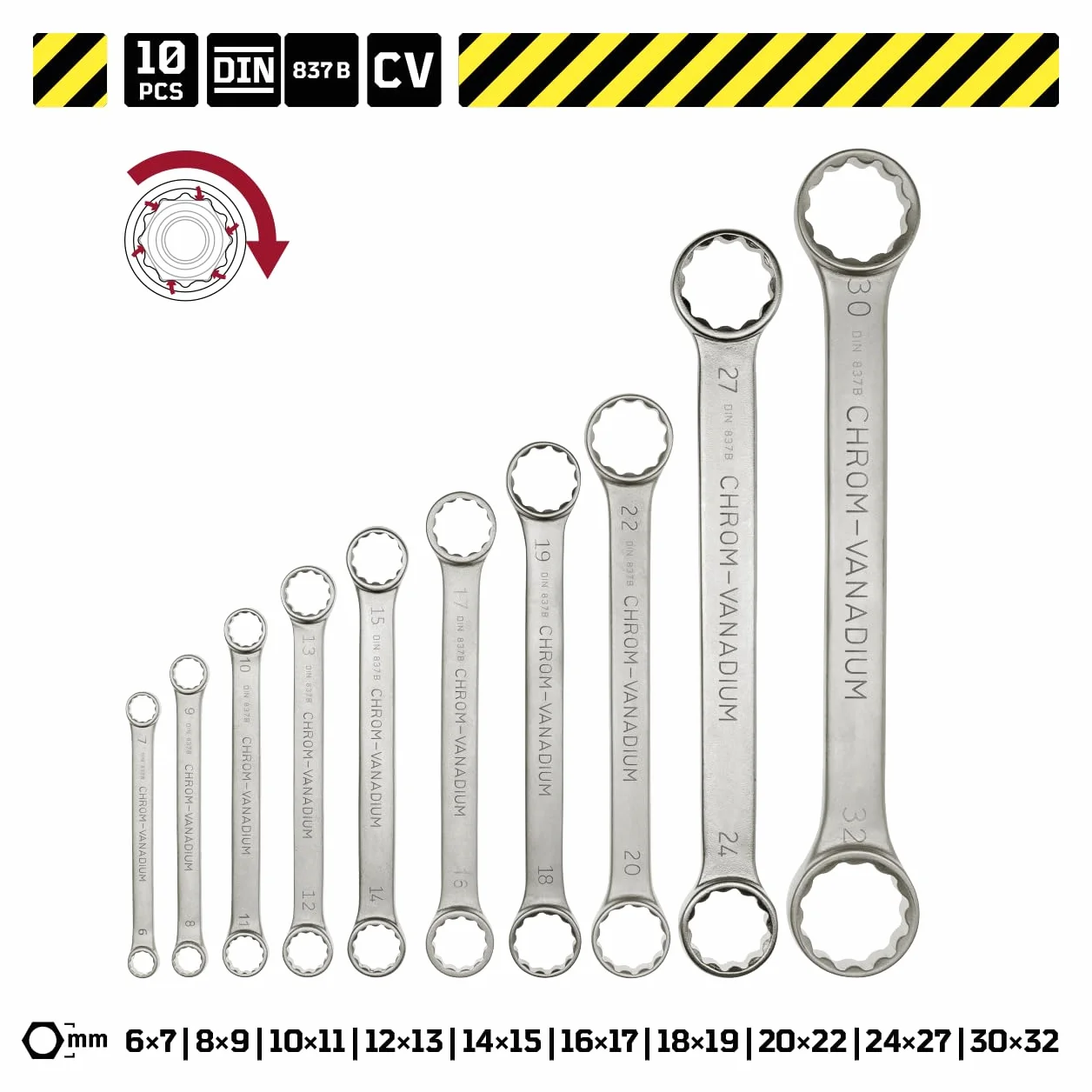 Zestaw kluczy płasko-oczkowych prostych i ekstra płaskich w torbie narzędziowej | 10-częściowy zestaw kluczy płasko-oczkowych 6-32 mm | Zestaw kluczy samochodowych WGB