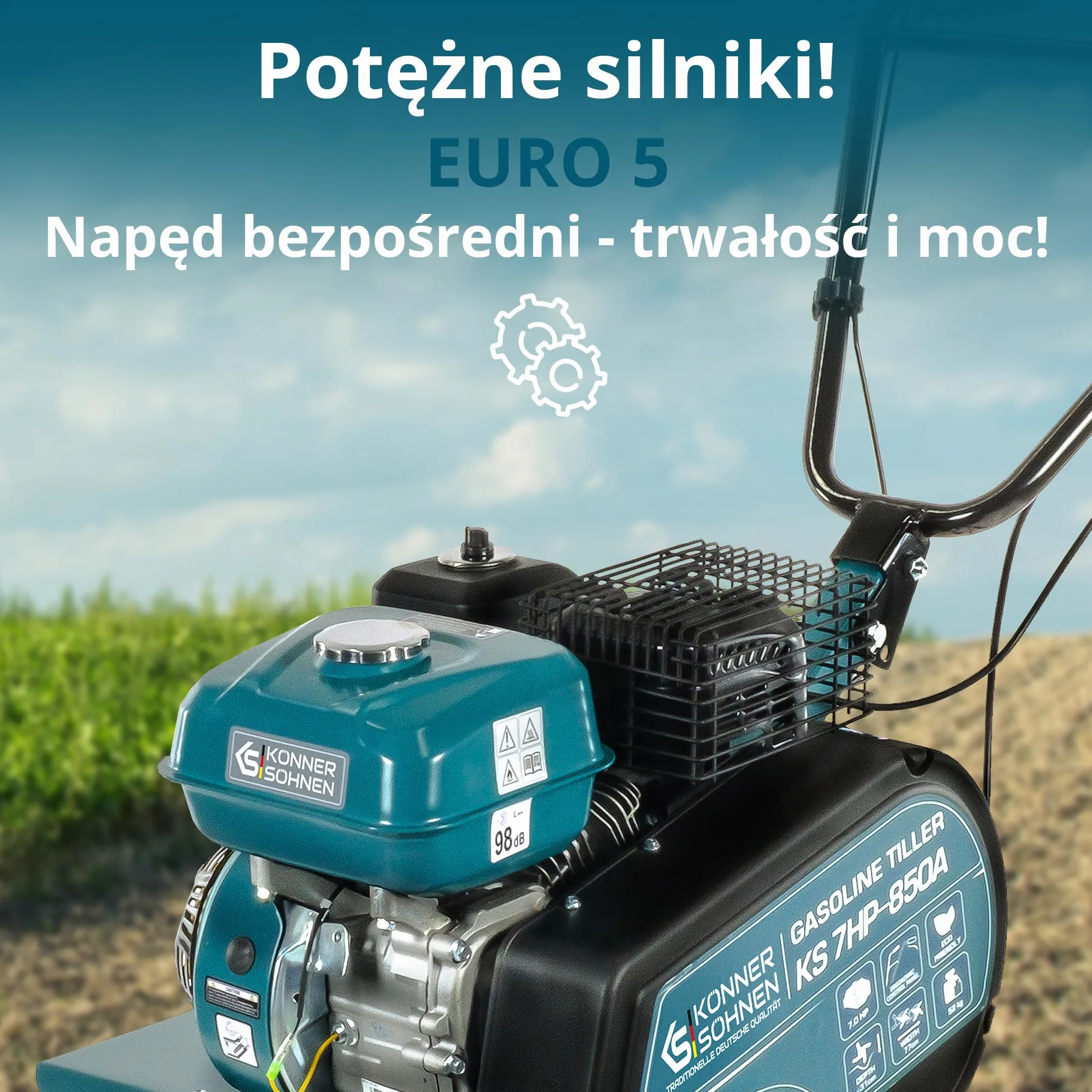 Glebogryzarka Benzynowa Könner & Söhnen KS 7HP-850A Kultywator Spalinowy z Paskiem, Napędem łańcuchowym, Kute Nożyce Szablaste, Regulowany Otwieracz, Szerokość Robocza ≤ 80 cm, Głębokość Robocza ≤ 31 cm, Moc Silnika 7,0 KM