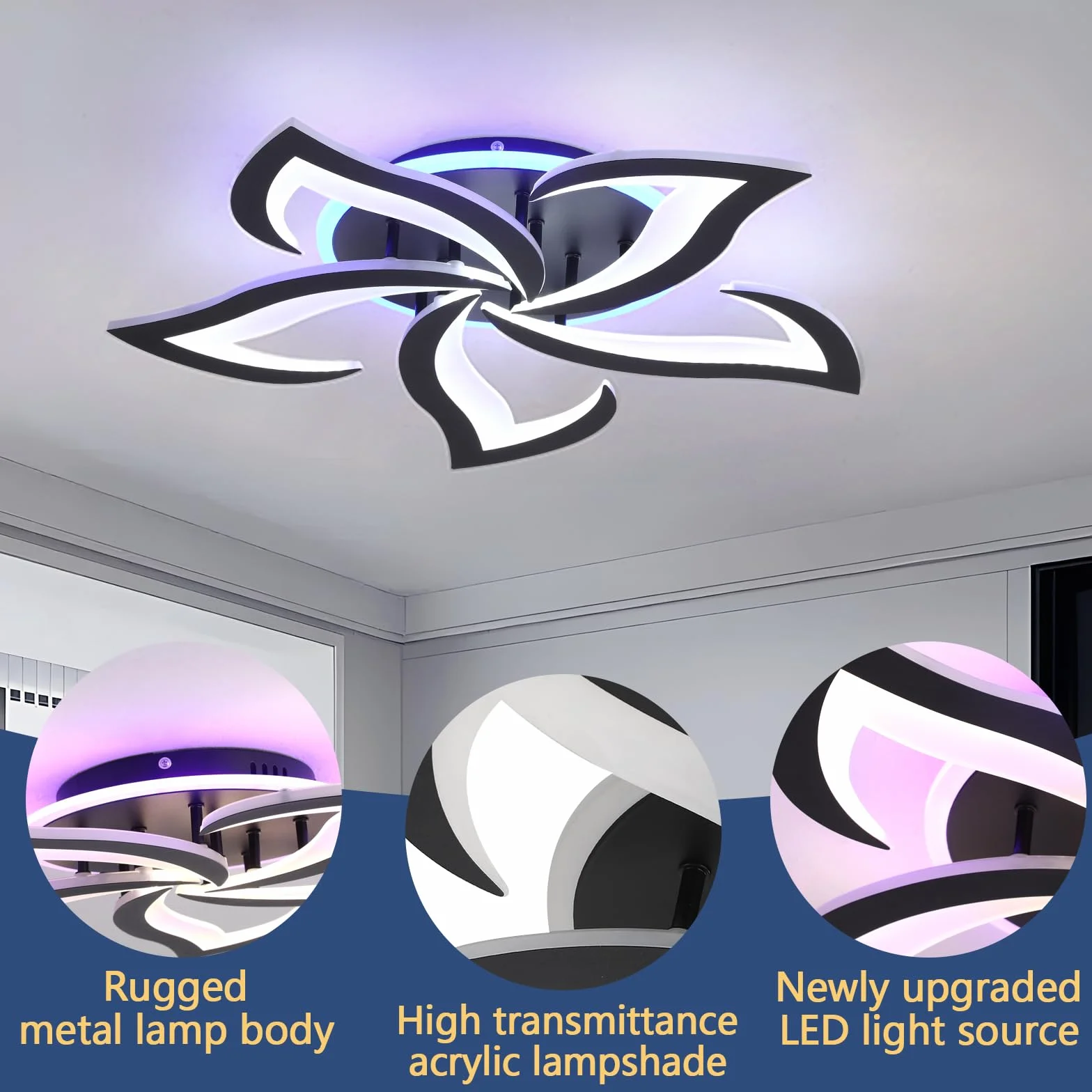 Ściemnialna lampa sufitowa LED, nowoczesny żyrandol do salonu 50 W, 3000 K-6000 K, oświetlenie sufitowe z pilotem, 5 jaskółczych ogonów design oprawa sufitowa do domu i biura, czarny żyrandol,