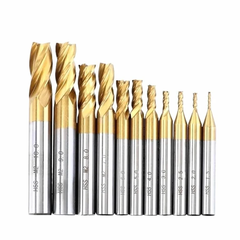 7 sztuk/11 sztuk 1,5-10 mm Frez trzpieniowy 4 ostrza powlekany tytanem szybkotnąca stal CNC Frez do drewna, metalu, stali(1.5-10mm(11pcs))