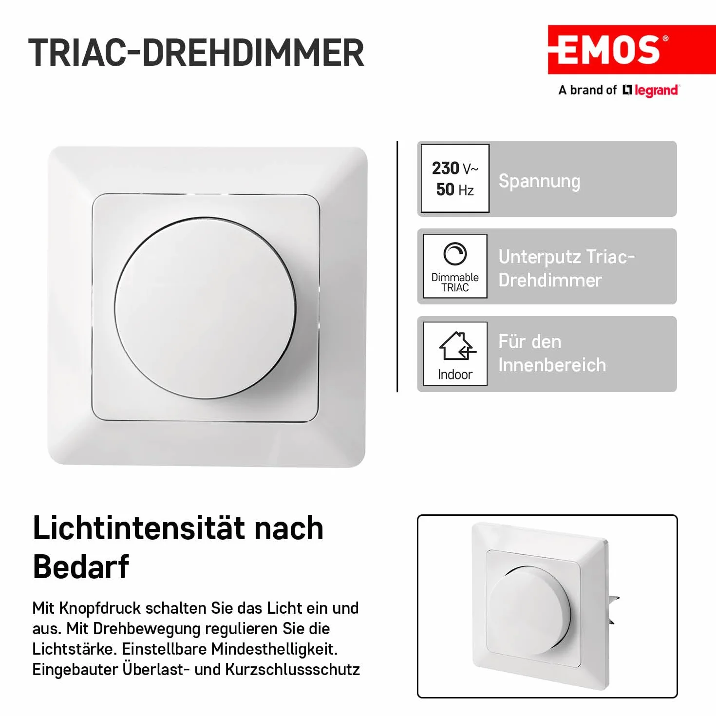 EMOS - Przełącznik ściemniacza LED z pokrętłem – do ściemnianych lamp LED, pokrętła i przełącznika przyciskowego, podtynkowy ściemniacz obrotowy – 230 V~, 50 Hz, 7-110 W/VA – biały (błyszczący)