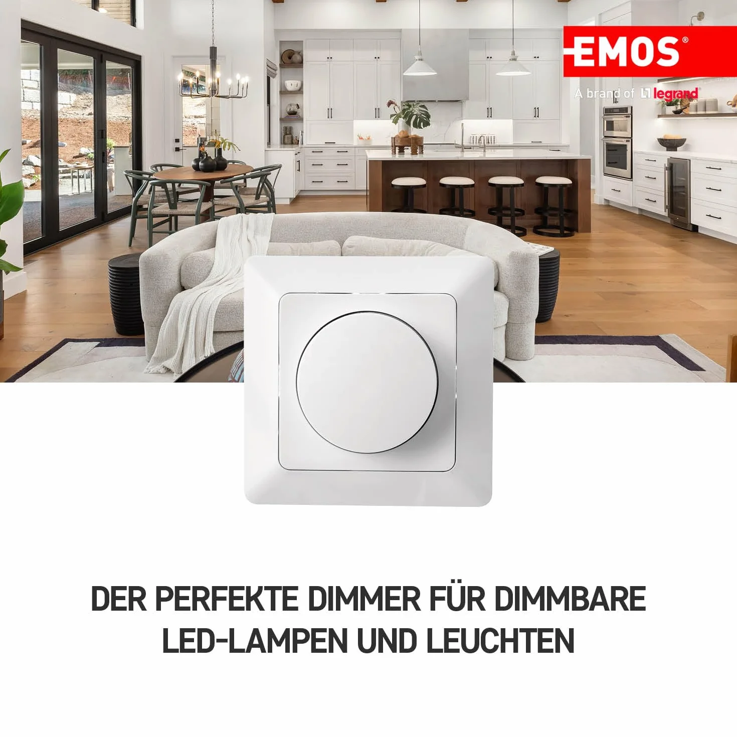 EMOS - Przełącznik ściemniacza LED z pokrętłem – do ściemnianych lamp LED, pokrętła i przełącznika przyciskowego, podtynkowy ściemniacz obrotowy – 230 V~, 50 Hz, 7-110 W/VA – biały (błyszczący)