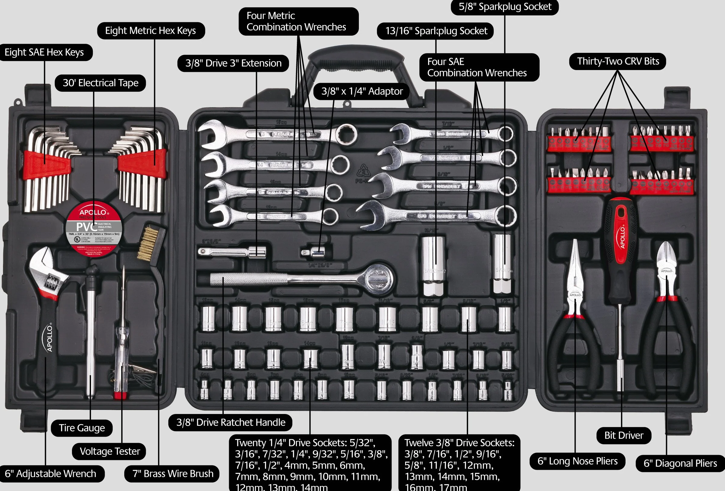 APOLLO TOOLS DT0006 DT0006 Zestaw narzędzi mechanicznych do napraw mechanicznych łodzi, kamperów, rowerów, w kompaktowej walizce transportowej, 101 szt