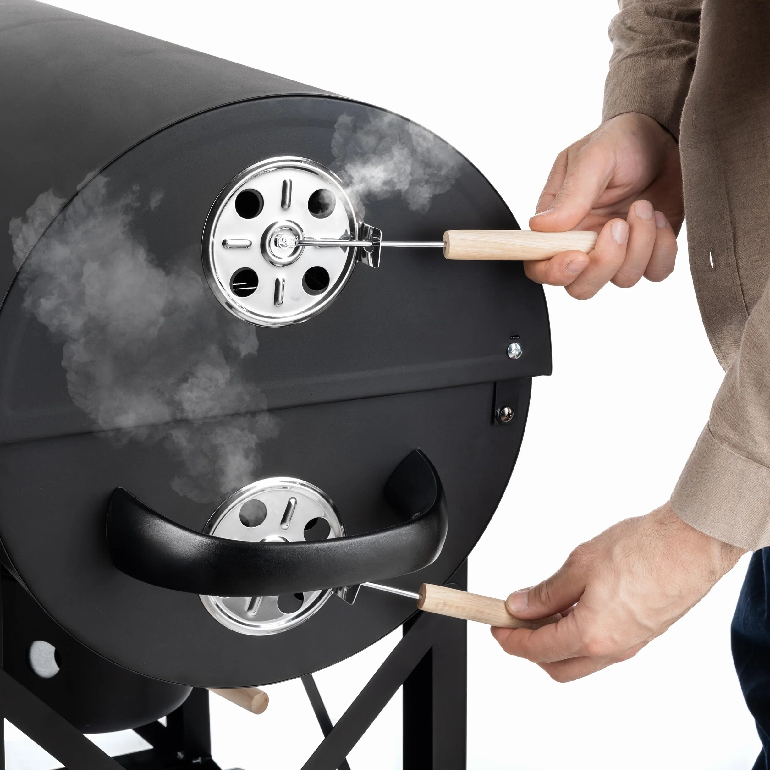 LEHMANN Grill węglowy z rusztem do gotowania, XL, z dwiema drewnianymi półkami, pokrywą, kółkami i nieogrzewanym uchwytem, grill węglowy do ogrodu, na taras, kemping