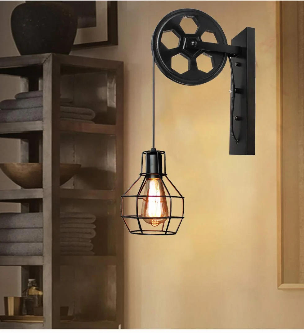 Lampa ścienna Vintage Industrialna Kinkiet Pulley Wewnętrzny Retro Lampa Wisząca E27 Metal Klatka Czarny Loft Stylu dla Sypialnia Regulowana Lina 60W Kinkiet (3 szt)