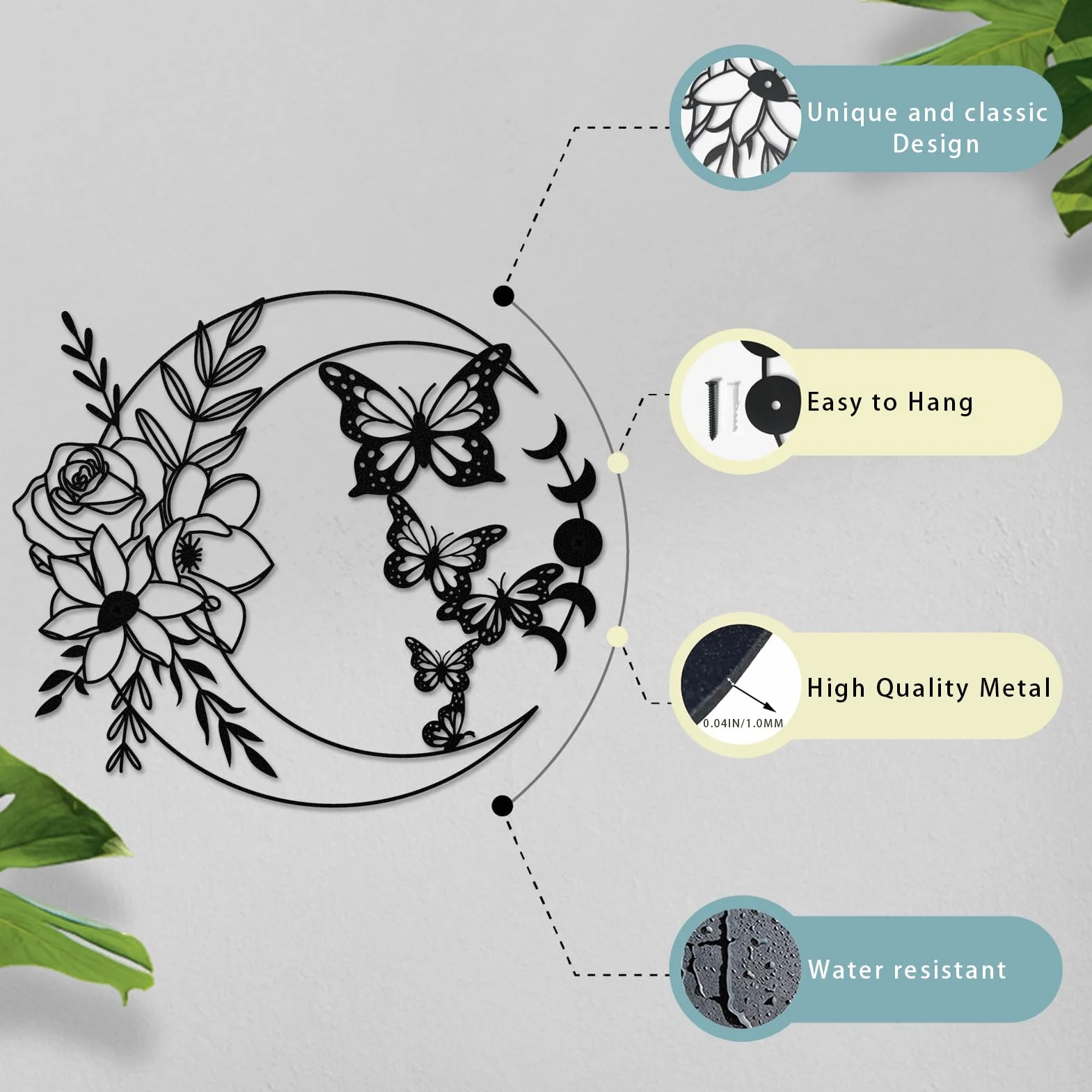 ruelen metalowa dekoracja ścienna boho księżyc motyl sztuka ścienna kwiatowa wiszący