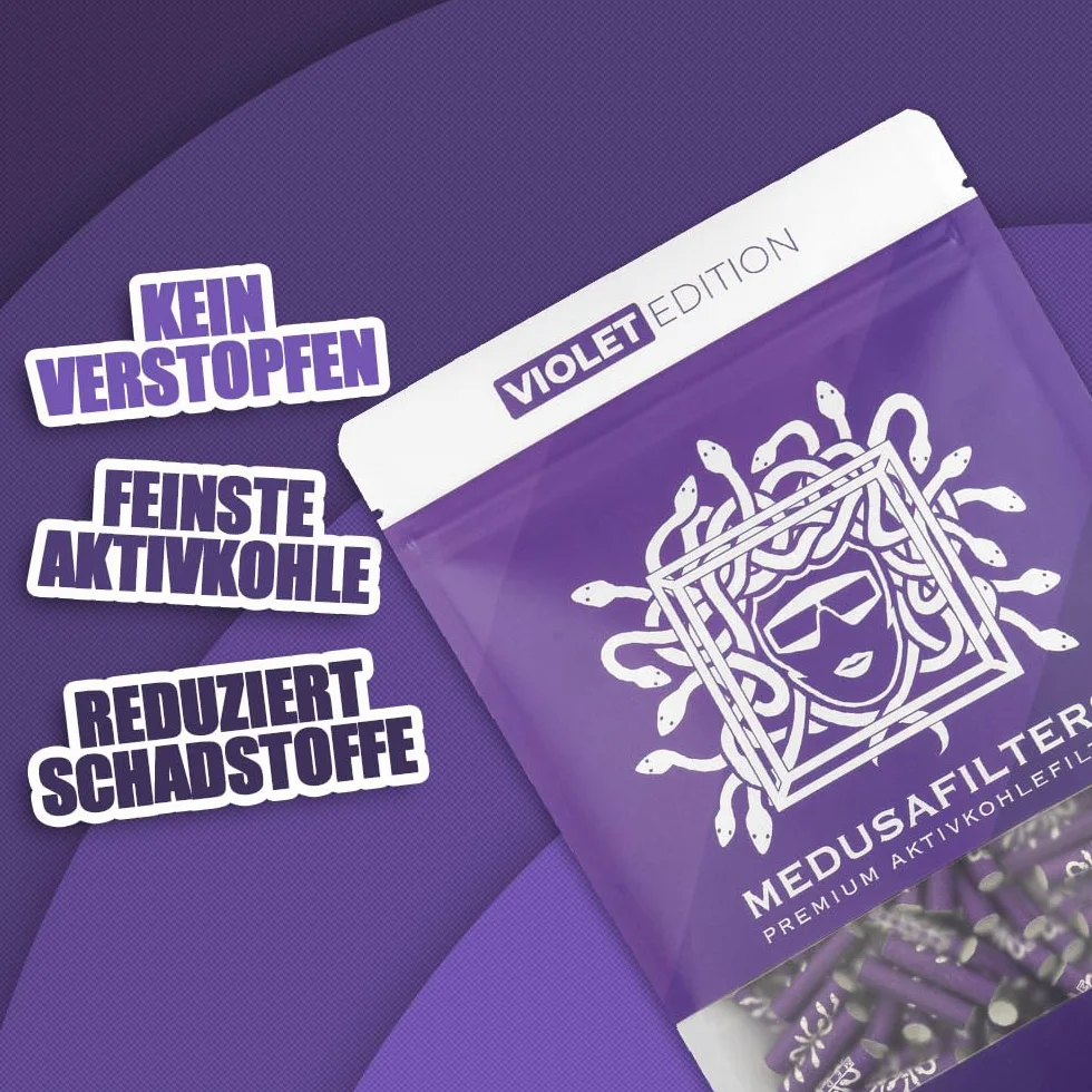 Medusafilters® 250 sztuk filtrów z węglem aktywnym o średnicy 6 mm z wegańskimi nasadkami z włókien i węglem aktywnym kokosowym | filtr o długości 25 mm Made in Germany (VIOLET Edition)