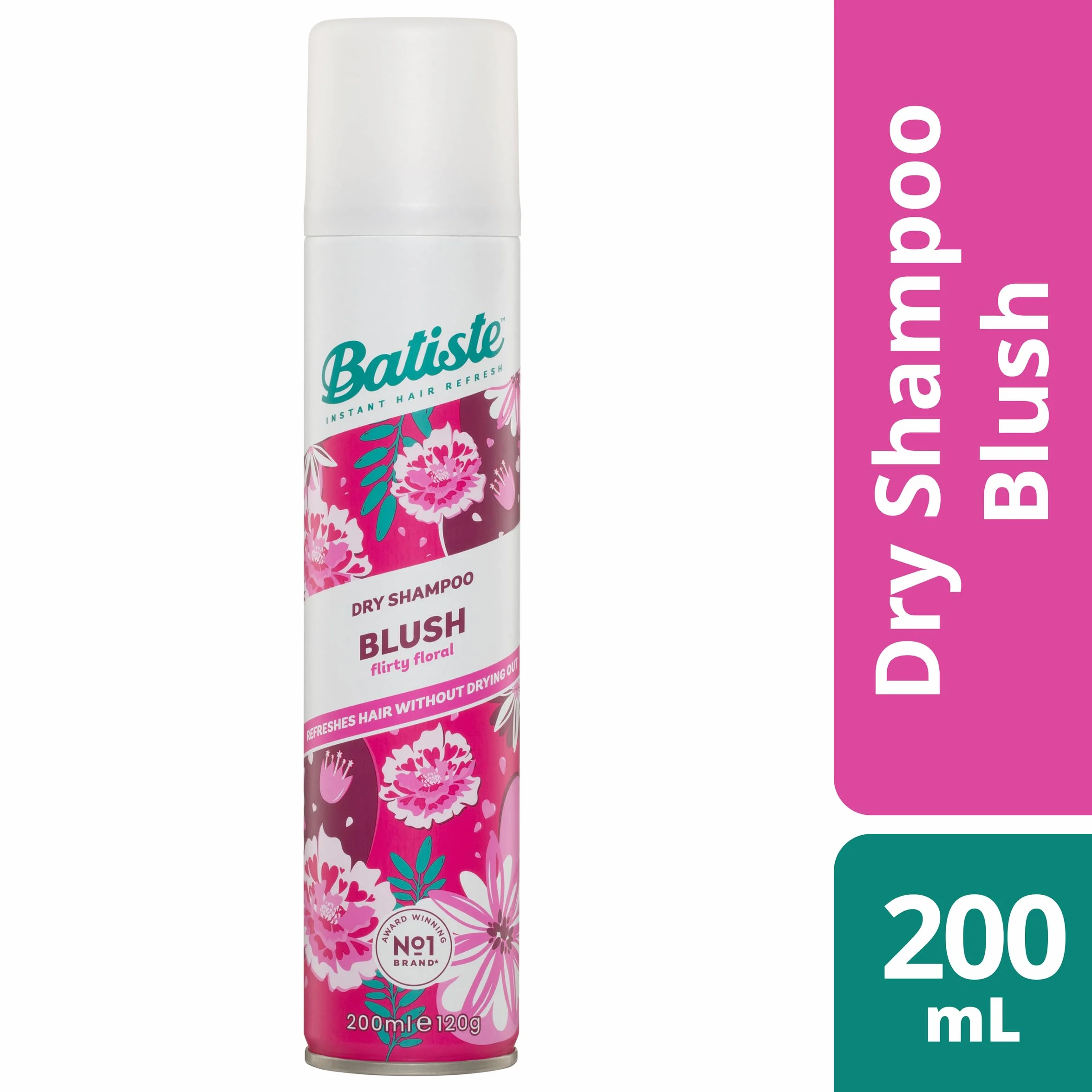 Suchy szampon Batiste w różu 200 ml, kwiatowy i zalotny zapach, bez sprayu do płukania do odświeżania włosów między praniami (opakowanie może się różnić)