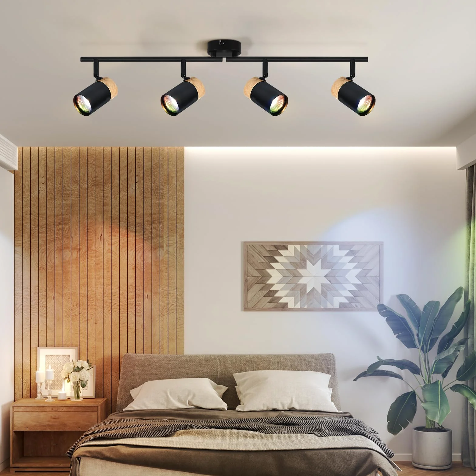 Glitzerlife sufitowy reflektor drewniany czarny lampa sufitowa - lampa sufitowa 4 płomienie GU10 LED obrotowy 330° reflektor do salonu sypialni kuchni pokoju dziecięcego bez żarówek