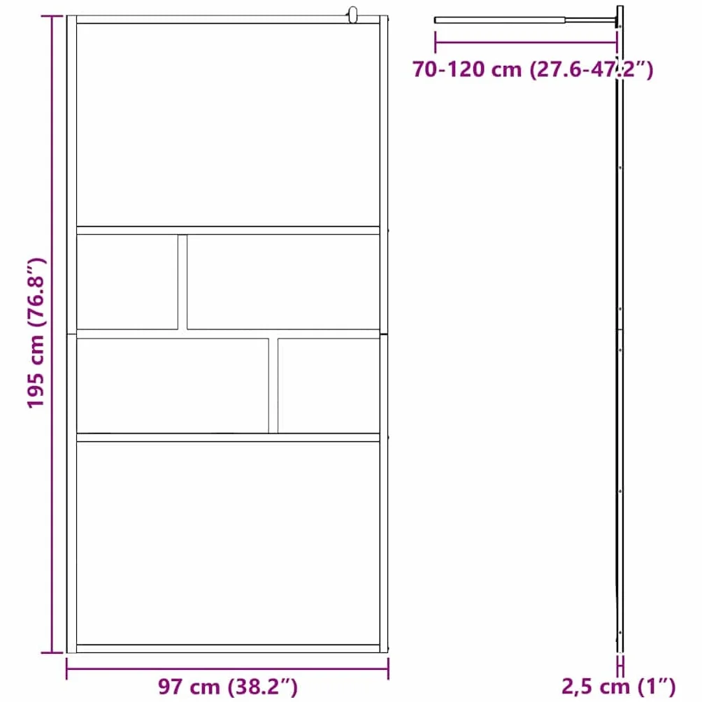 Ścianka prysznicowa Walk-in czarna, szkło ESG i aluminium, 100 x 195 x 0,5 cm, 3 satynowane szkło do ochrony przed pryskaniem, do kabiny prysznicowej w łazience, z profilem montażowym i
