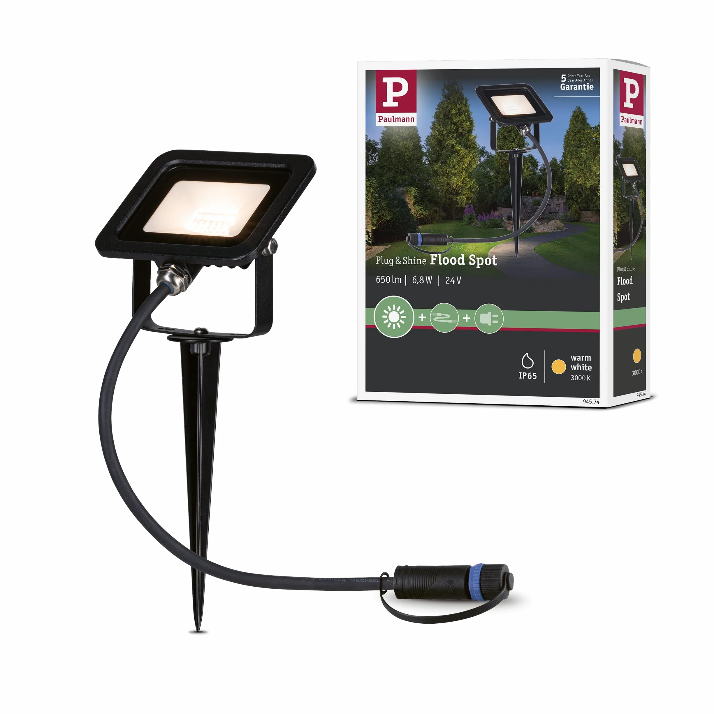 Paulmann 94574 Plug & Shine LED światło zewnętrzne Reflektor ogrodowy Reflektor IP65 Ciepła biel z 1x6,8 W Czarny aluminiowy spot 3000 K