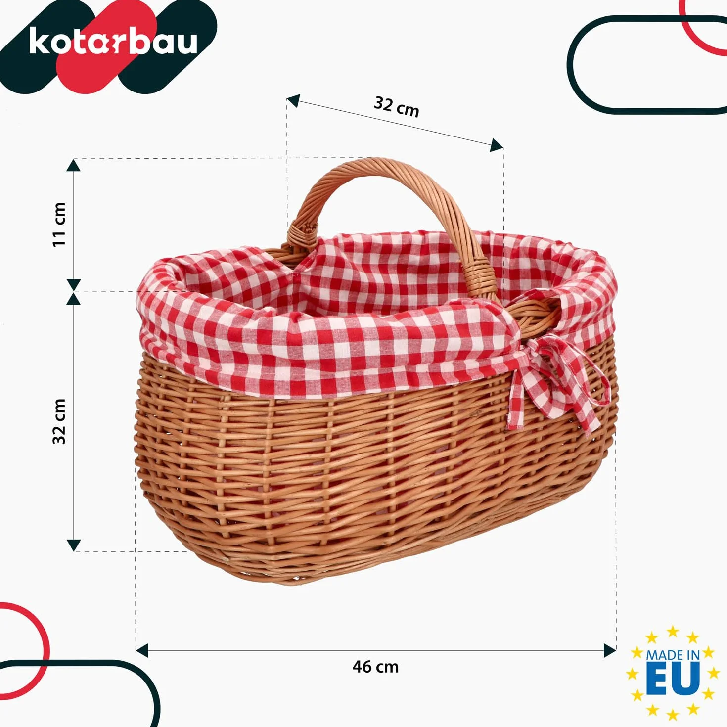 KOTARBAU® Kosz Wiklinowy na Zakupy - 46 x 32 x 43 cm - Koszyk Piknikowy - Kosz na Grzyby - Koszyk Wielkanocny - Owalny - Czerwona Wyściółka - Wkład - Obszycie Krata