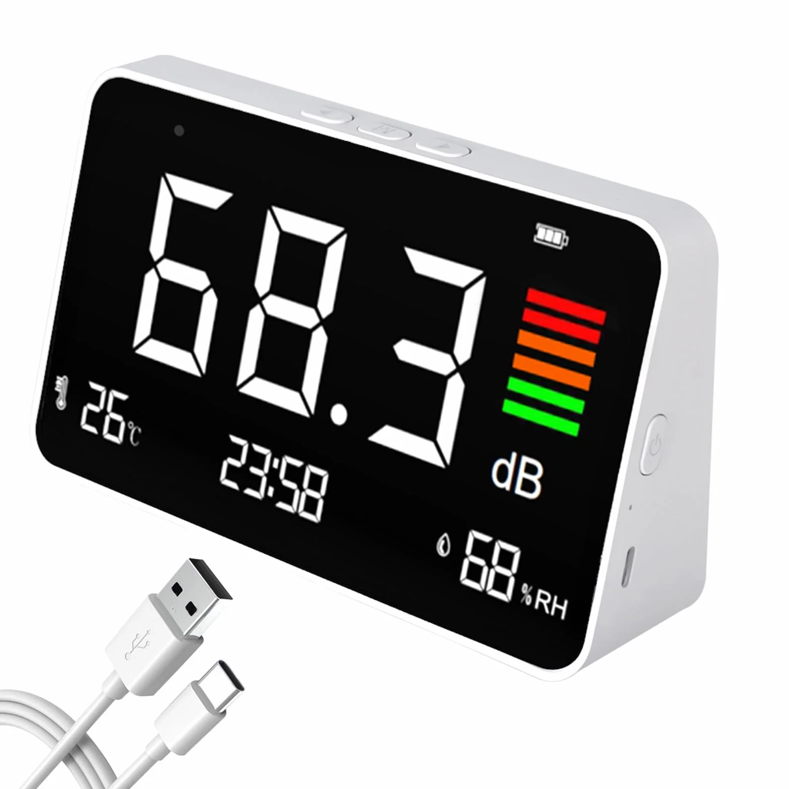 Przenośny miernik poziomu dźwięku z pomiarem temperatury, wilgotności i decybeli, przełączany ℃/℉, port USB-C