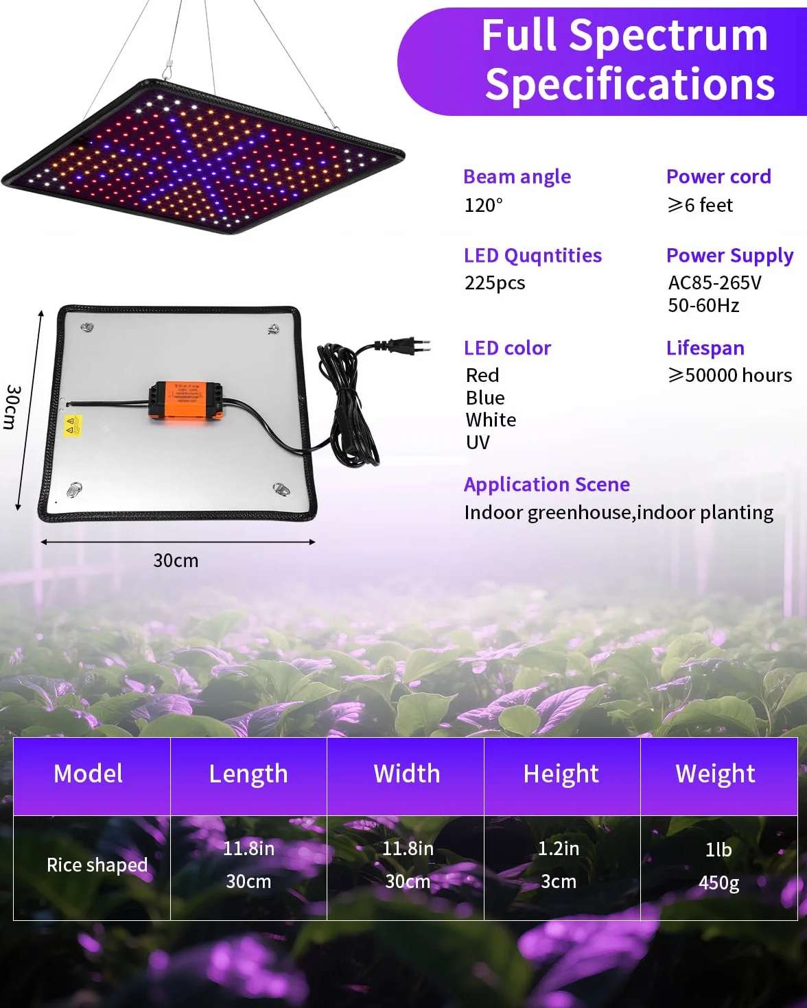 Lampa LED do uprawy roślin PERMUST, pełne spektrum światła UV IR, 60 x 60 cm, do roślin pokojowych i szklarni, warzyw i kwiatów, 256 diod LED, 45 W, kabel 3 m
