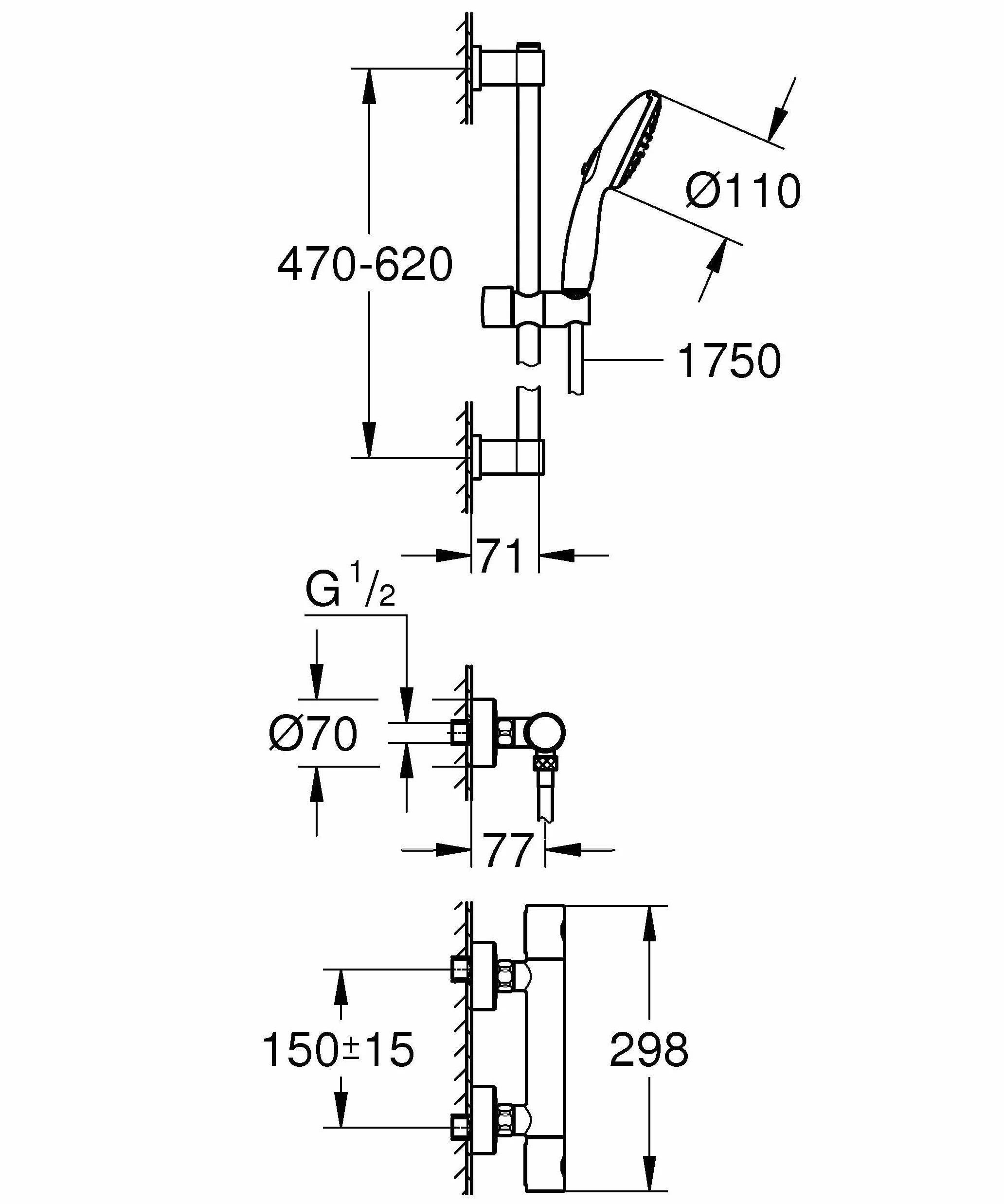 GROHE Precision Get 34856000 zestaw prysznicowy z termostatem oszczędzający wodę – 9 l na min (1 rodzaj strumienia, blokada bezpieczeństwa przy 38 C, drążek prysznicowy 60 cm, w zestawie z narzędziami
