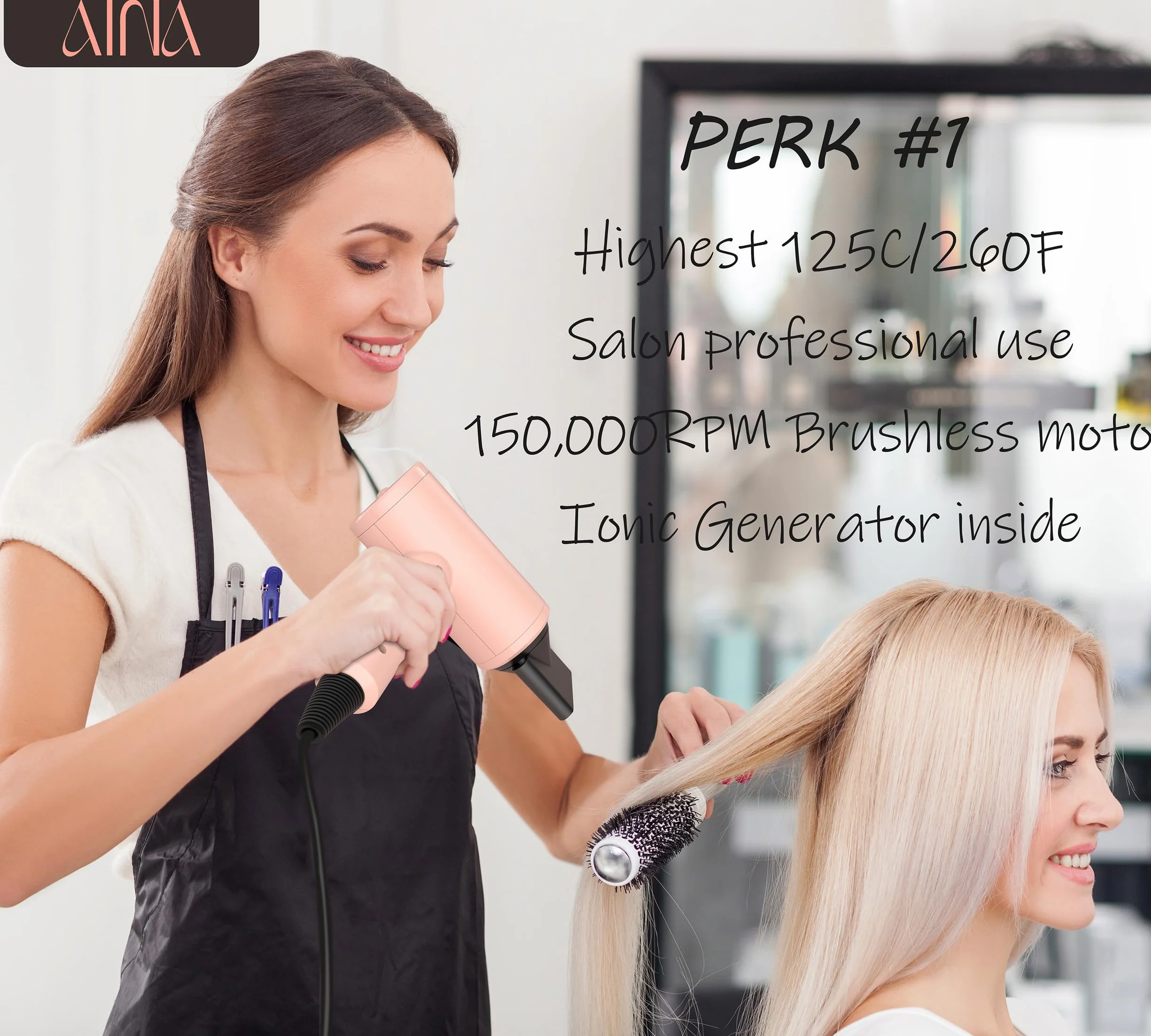 AINA Pro Salon Hair Dryer (New tech), 2200 W Blow Dryer z grzebieniem dyfuzora dla kobiet | BLDC Hair Dryer | bezszczotkowy silnik 150 000 obr./min | jonowa | wyświetlacz LED | 4 magnetyczne akcesoria