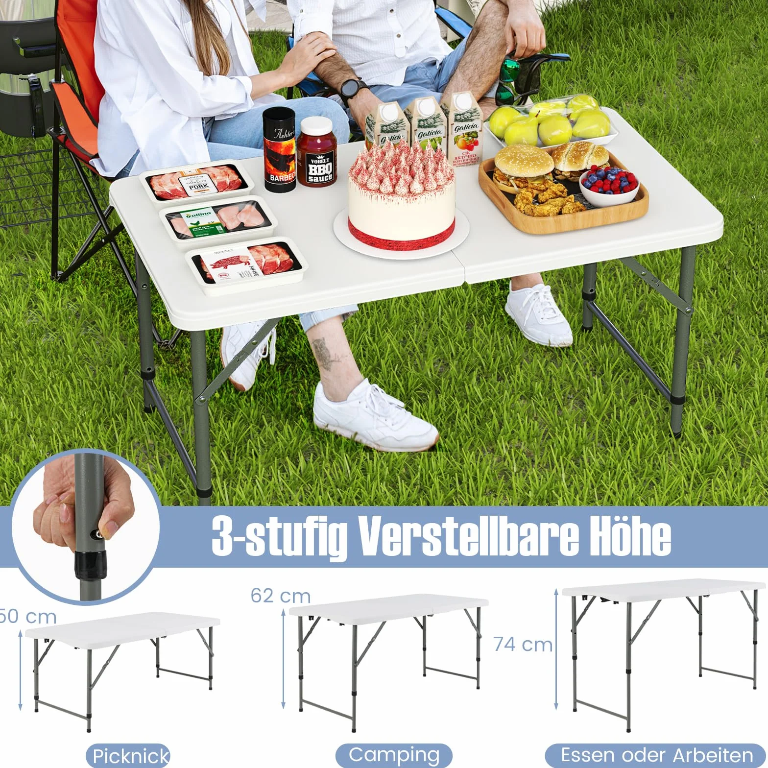 COSTWAY Stół kempingowy składany z regulacją wysokości, blat HDPE, 122 x 61 x 75 cm