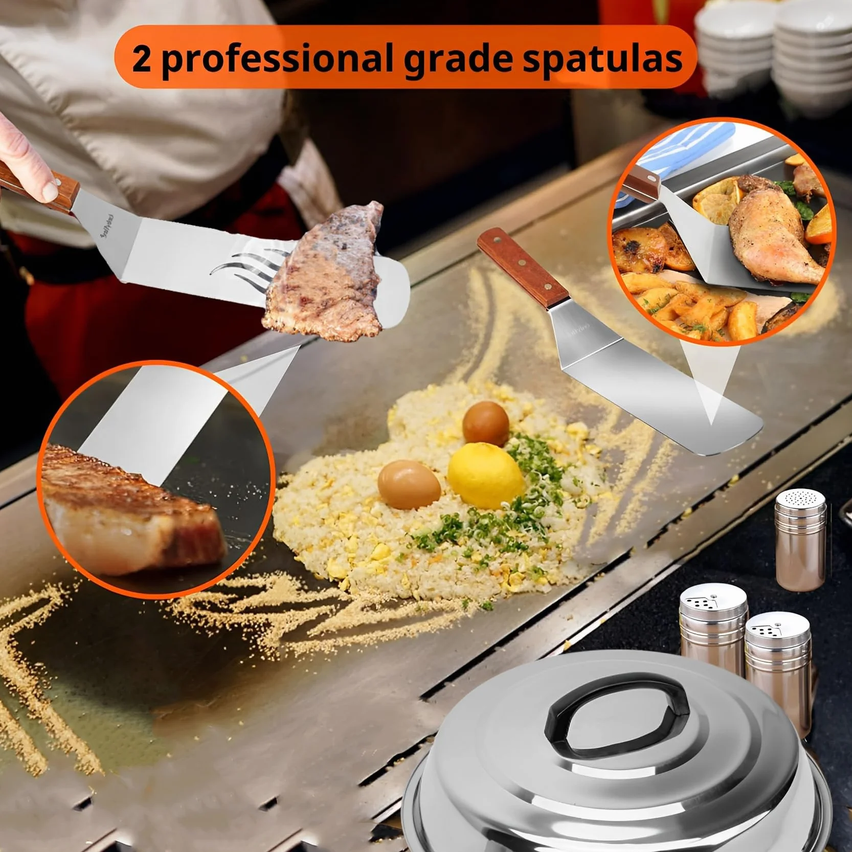 Onlyfire FPA-5117 9-częściowy zestaw akcesoriów do grilla Plancha ze stali nierdzewnej, z dzwonkiem do ciepła, łopatką do patelni, szczypcami do grilla, butelkami natryskowymi, foremkami do jajek