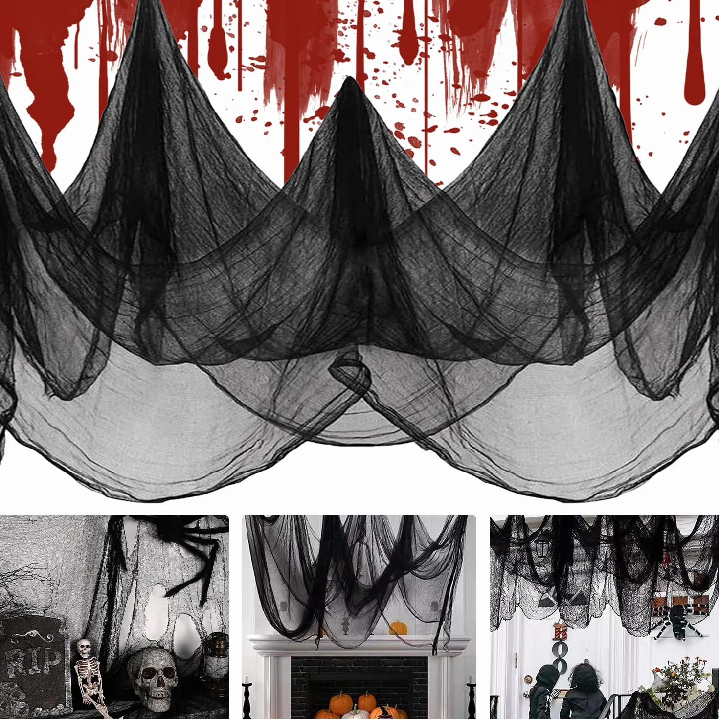 MAXEE Super czarny Halloween straszny (200 × 400 cm), super duży ręcznik ducha, dekoracja na Halloween, horror, dekoracja ogrodowa na zewnątrz Halloween