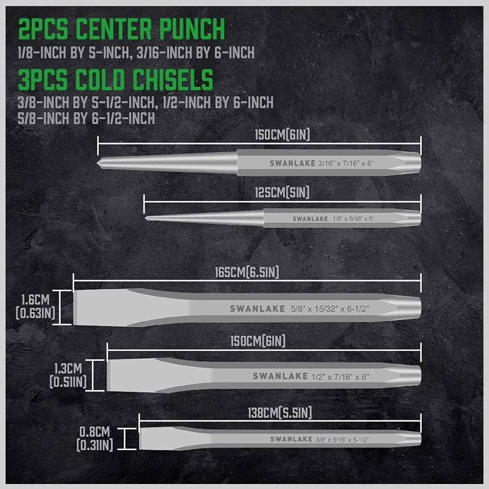 SWANLAKE Punch and Chisel Set, Including Taper Punch, Cold Chisels, Pin Punch, Center Punch (16pcs)