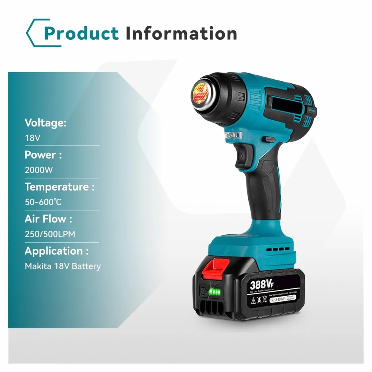 Opalarka Elektryczna Opalarka Do Akumulatora 18V Akumulatorowa Ręczna Opalarka 2000W Z 3 Dyszami Przemysłowa Domowa Suszarka Do Włosów Do obkurczania PCV, rękodzieła, usuwania farby, fo(2 Battery)