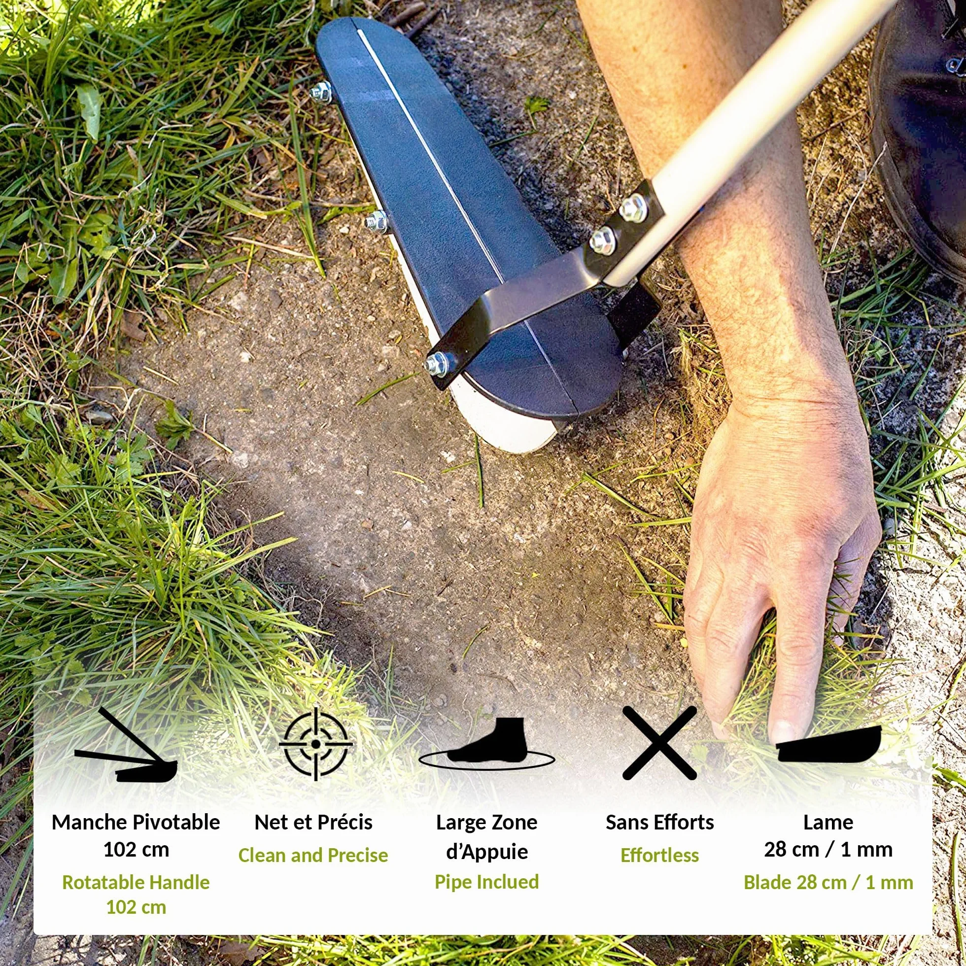 FISHTEC - Dress na obrzeże ogrodowe - ręczne przycinanie krawędzi - ostre stalowe ostrze 28 cm - Obrotowy i poręczny uchwyt 102 cm - ułatwia ograniczenie trawnika - Duży obszar podparcia stopy