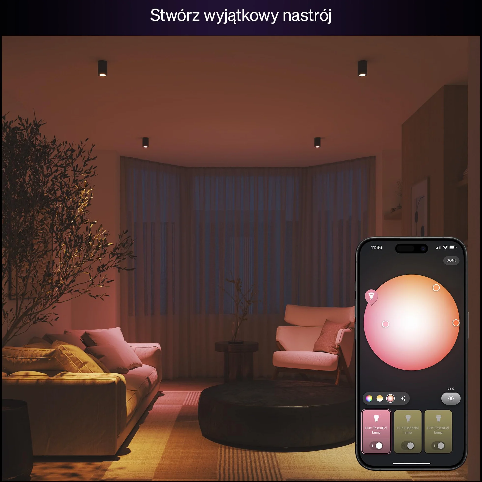 Żarówka Philips Hue Essential Smart LED – żar. punktowa GU10, White and Color Ambiance, 4,7 W, 2200K–6500K, 345 lumenów, przyciemnianie, działa z Alexą, Asystentem Google i Apple Home, op. 4 szt.