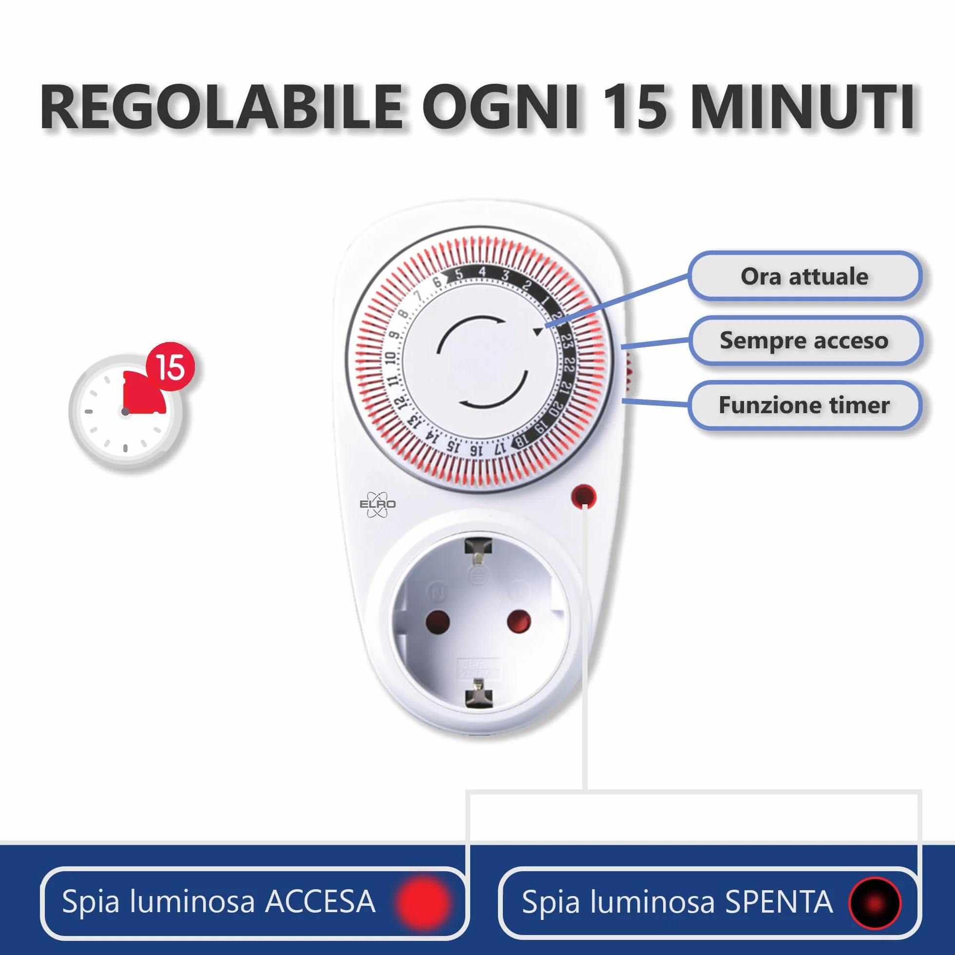 ELRO TI1500 Mechaniczny wyłącznik czasowy/wyłącznik czasowy, kompaktowy, czas przełączania 15 minut, do 3600 W, do użytku wewnątrz