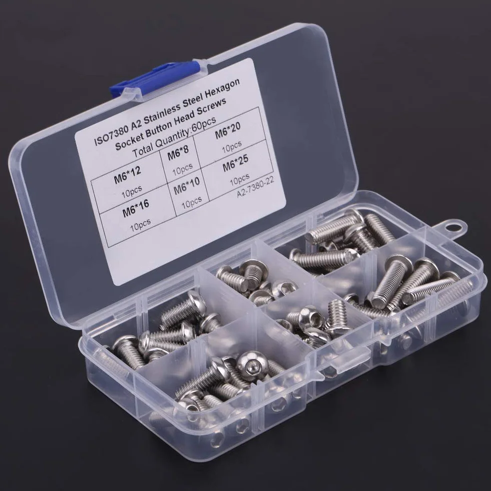 60 sztuk sztuk śrub z łbem sześciokątnym ze stali nierdzewnej M6, zestaw śrub z łbem sześciokątnym, śruby mocujące, zestaw akcesoriów z pudełkiem