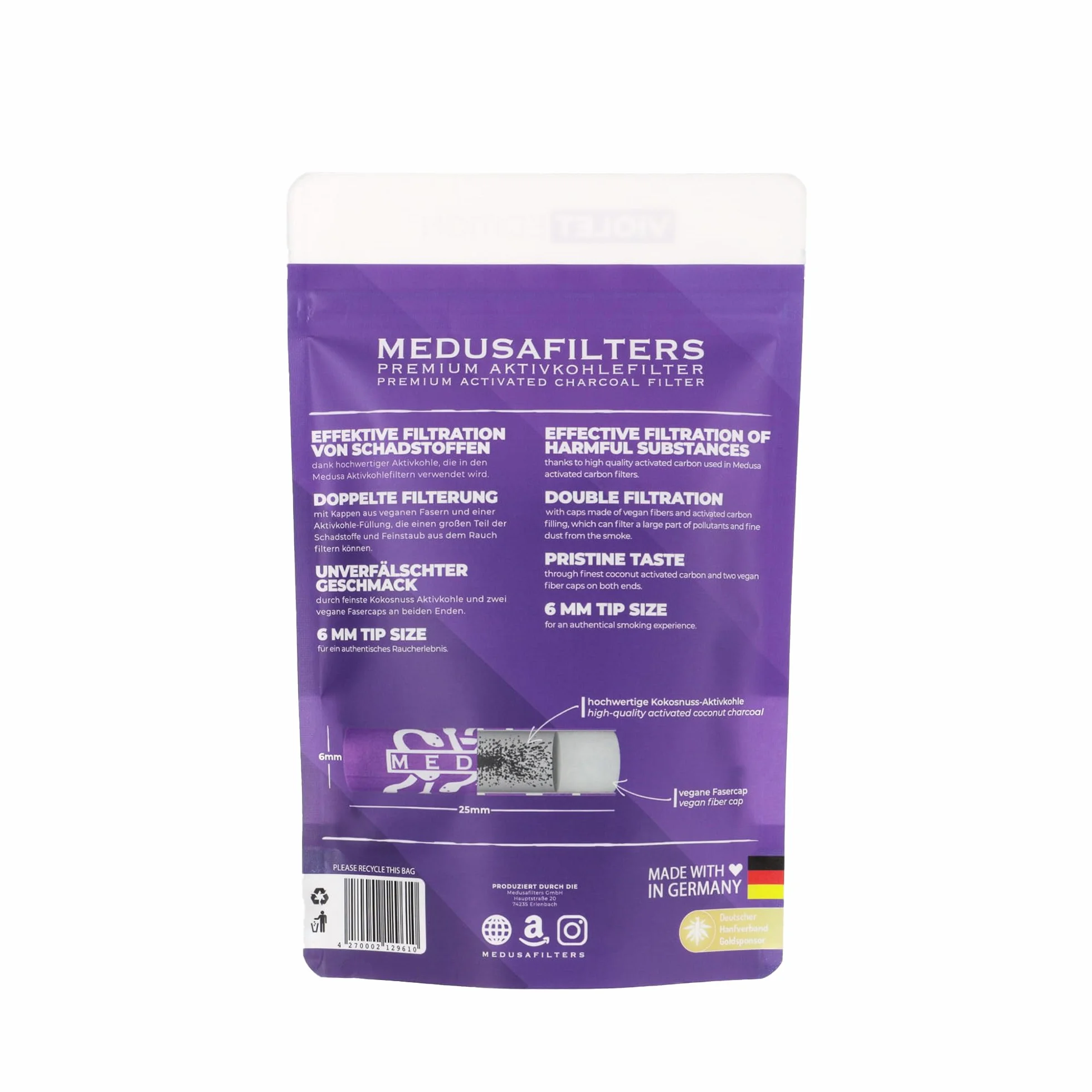 Medusafilters® 250 sztuk filtrów z węglem aktywnym o średnicy 6 mm z wegańskimi nasadkami z włókien i węglem aktywnym kokosowym | filtr o długości 25 mm Made in Germany (VIOLET Edition)