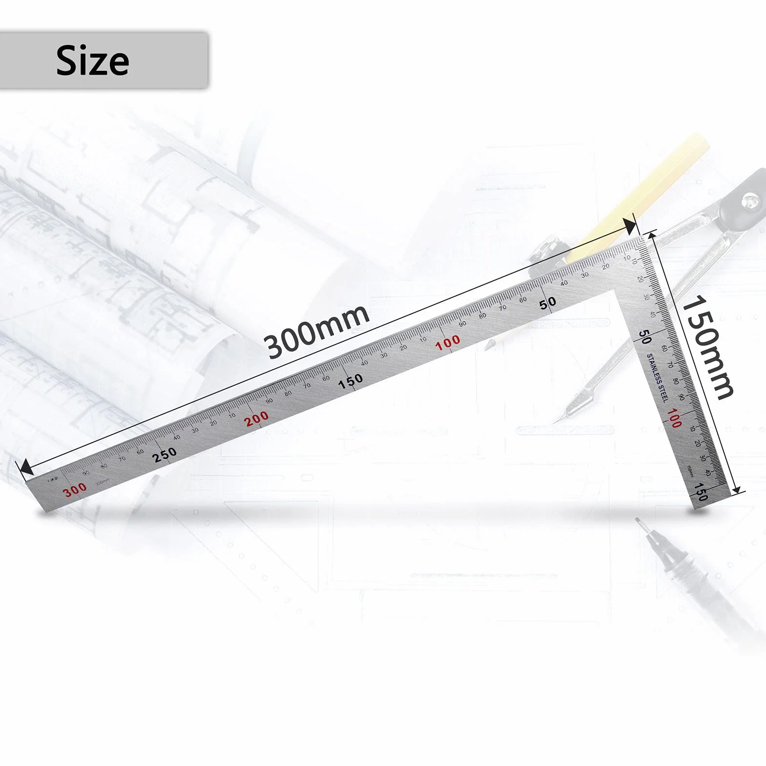 Kwadratowa Linijka ze Stali Nierdzewnej, 150 × 300 mm, Kształt L, Dwustronna Kątowa 90 Stopni, Narzędzie Pomiarowe