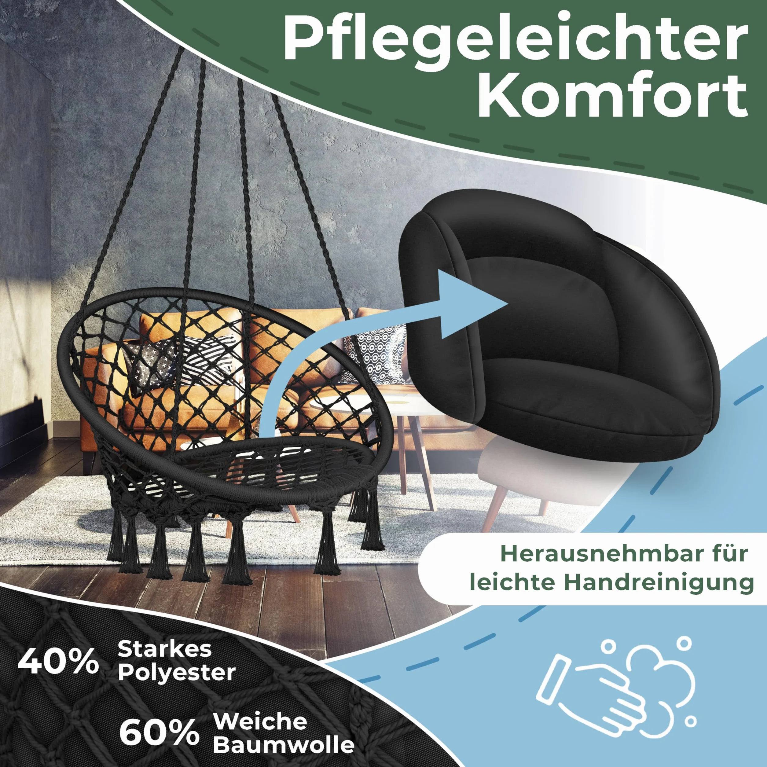 KESSER® Fotel wiszący z poduszką – Chill krzesło wiszące do zawieszenia dla dorosłych i dzieci, hamak do 150 kg, do zawieszenia wewnątrz i na zewnątrz, do salonu i ogrodu, na taras, czarny