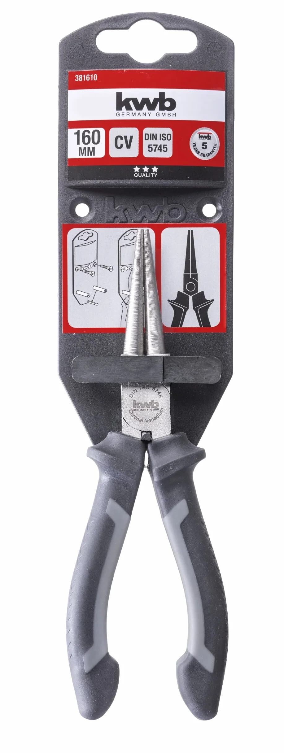 kwb Szczypce okrągłe 160 mm 381610, zgodne z normą DIN ISO 5745, długie szczęki, stal CV