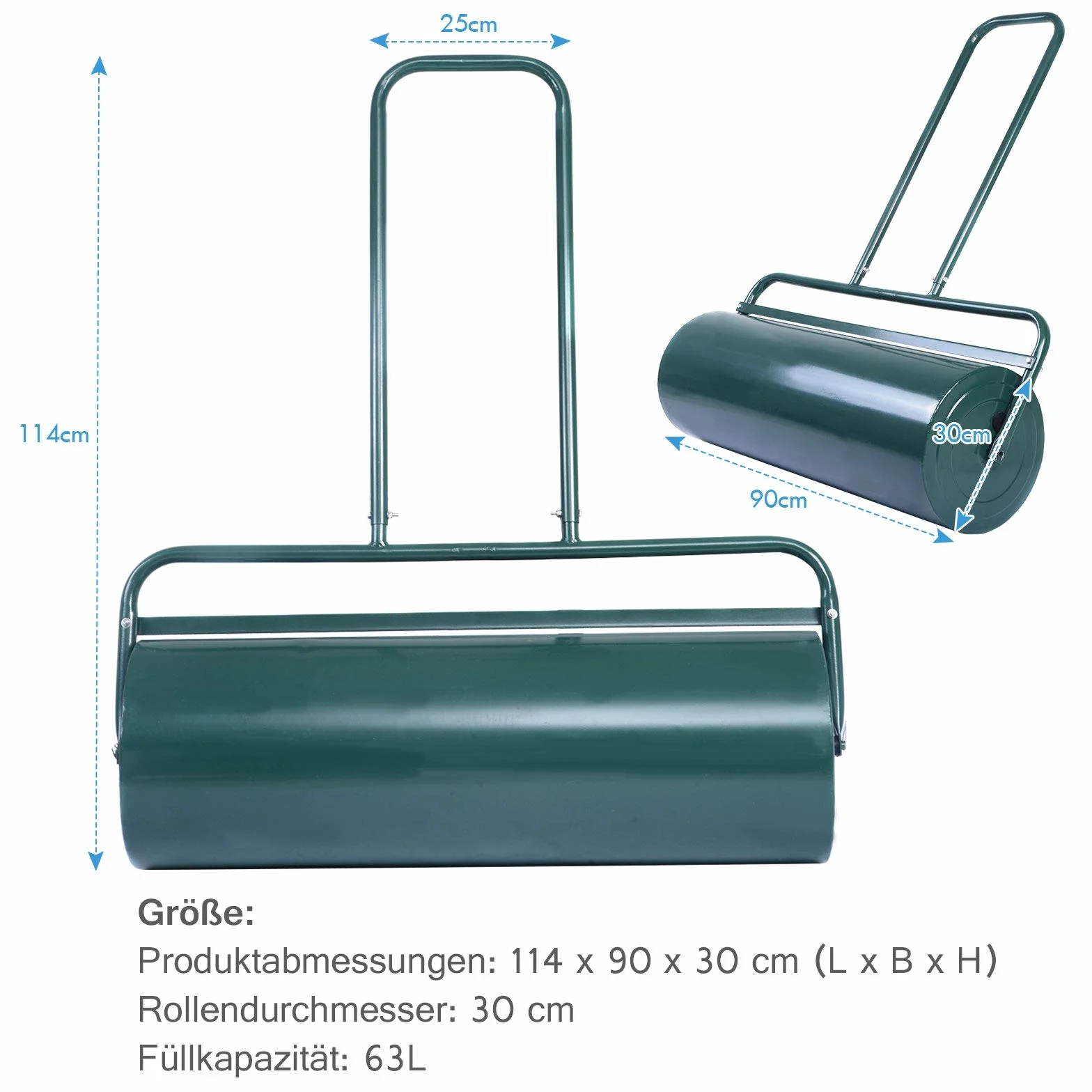 GOPLUS Walec do trawnika, 48 l/63 l, walec ogrodowy, napełniany wodą i piaskiem, wałek do trawy z metalu, wałek do trawy do ogrodu i parku (63 l, zielony)
