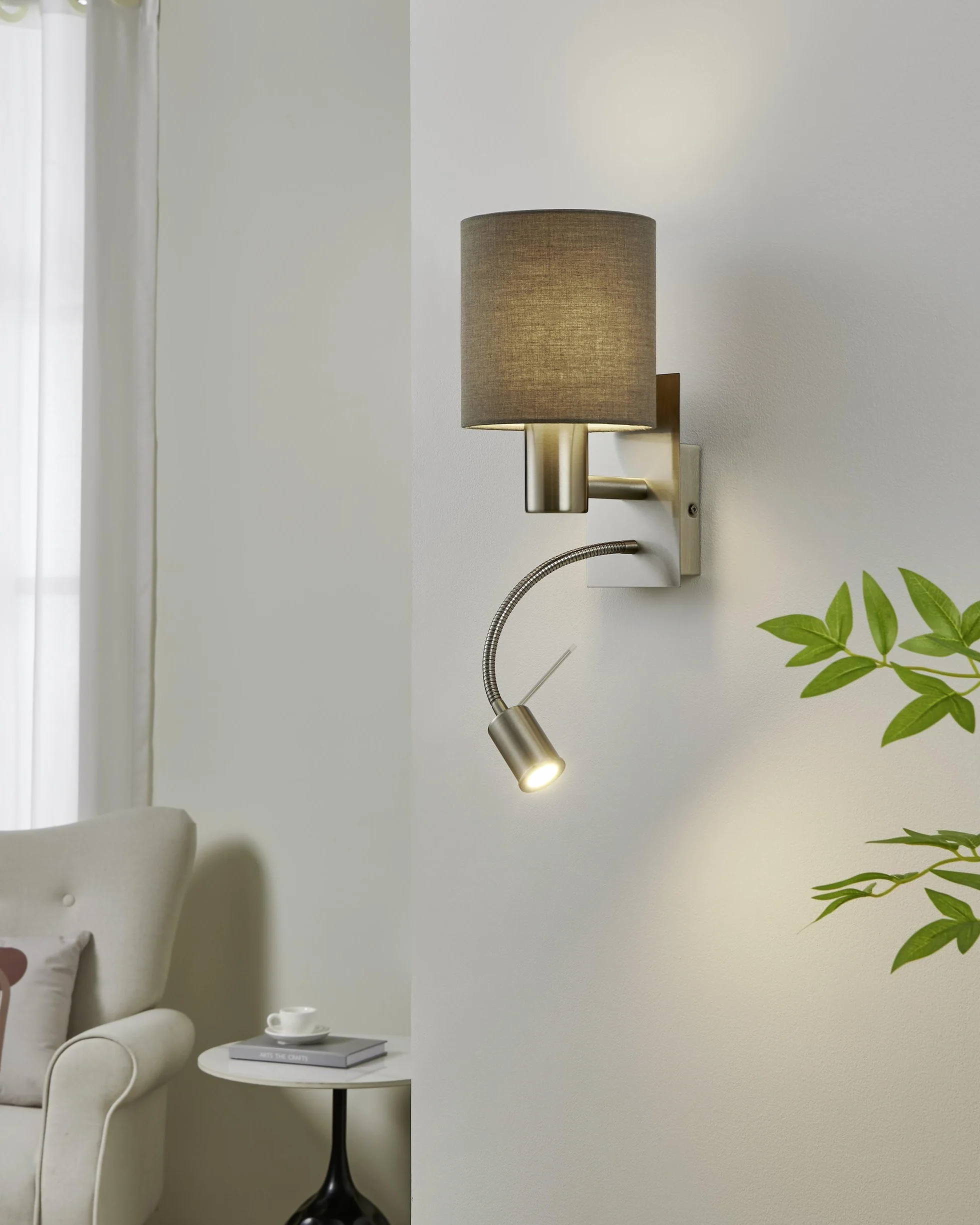 EGLO LED lampa ścienna PASTERI, 2-ogniskowa tekstylna lampa ścienna | materiał: stal, tkanina, kolor: nikiel matowy, szary, oprawka: E27, z przełącznikiem i elastyczną lampą do czytania LED
