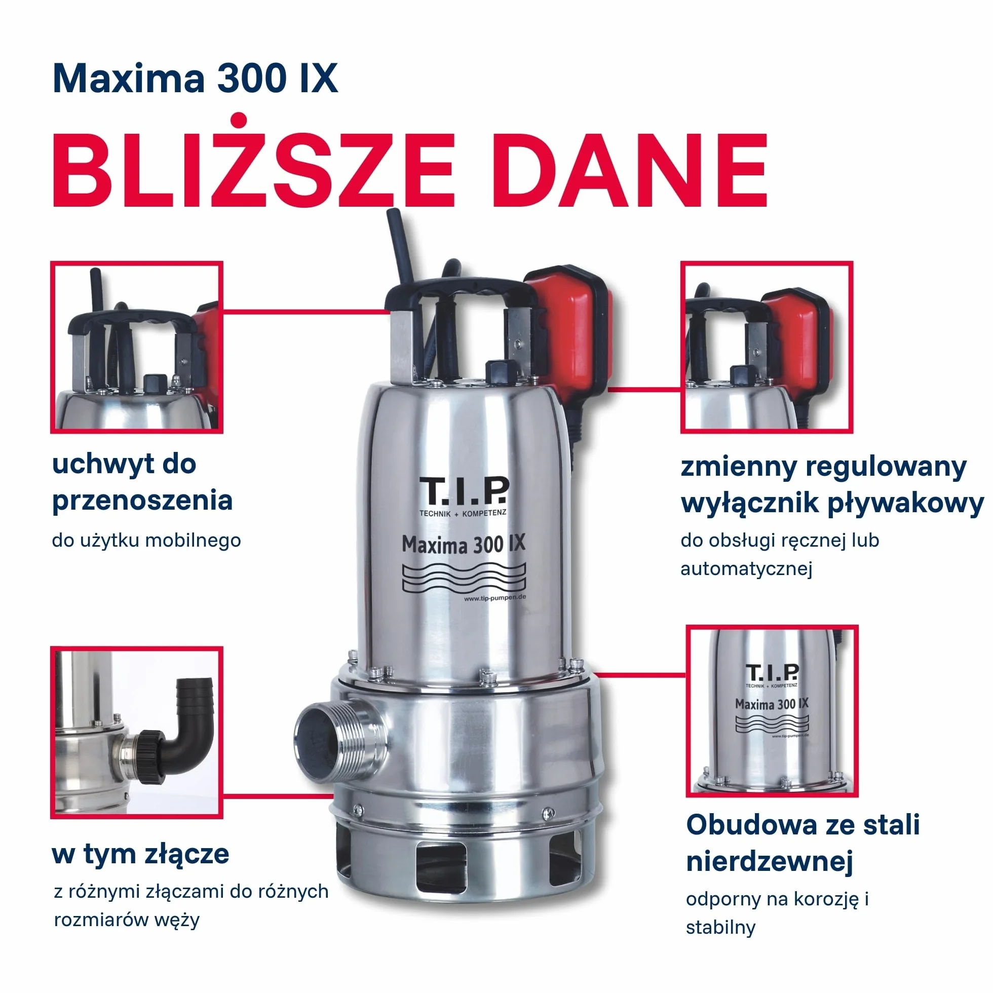 T.I.P. TVX 7000 Pompa Zatapialna do Brudnej Wody, 10m Wąż, Automatyczna, Edelstahl