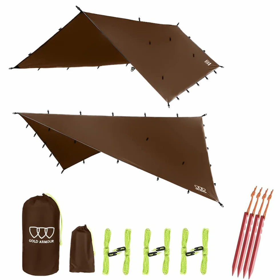 Gold Armour Wodoodporna lekka płachta biwakowa 4,5 m / 3,7 m / 3 m / 2,4 m, osłona przeciwdeszczowa do hamaka, namiotu i biwakowania, akcesorium survivalowe i kempingowe, brązowa, 3 x 2,4 m