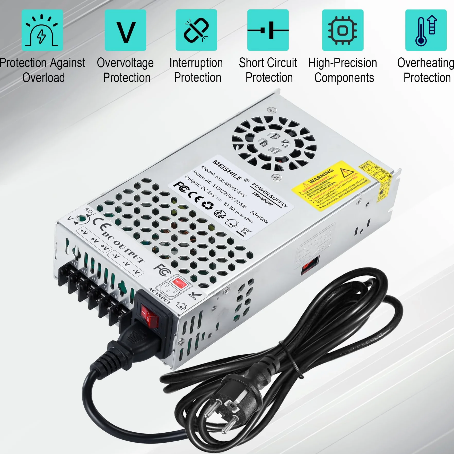 MEISHILE 18V 33.3A 600W zasilacz, ulepszony zasilacz 230V na 18V, transformator AC na DC, uniwersalny przetwornica napięcia, transformator 230V 220V do taśmy LED, żarówki, wzmacniacz