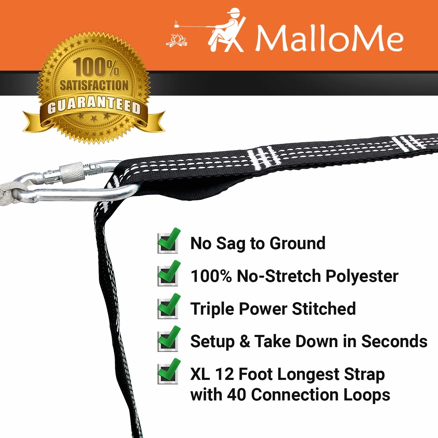 MalloMe XL Paski do hamaka, zestaw 2000+ LBS Heavy Duty 40 pętli i 100% system zawieszenia bez rozciągliwości, akcesoria do hamaka kempingowego, 2 karabińczyki, 30 metrów
