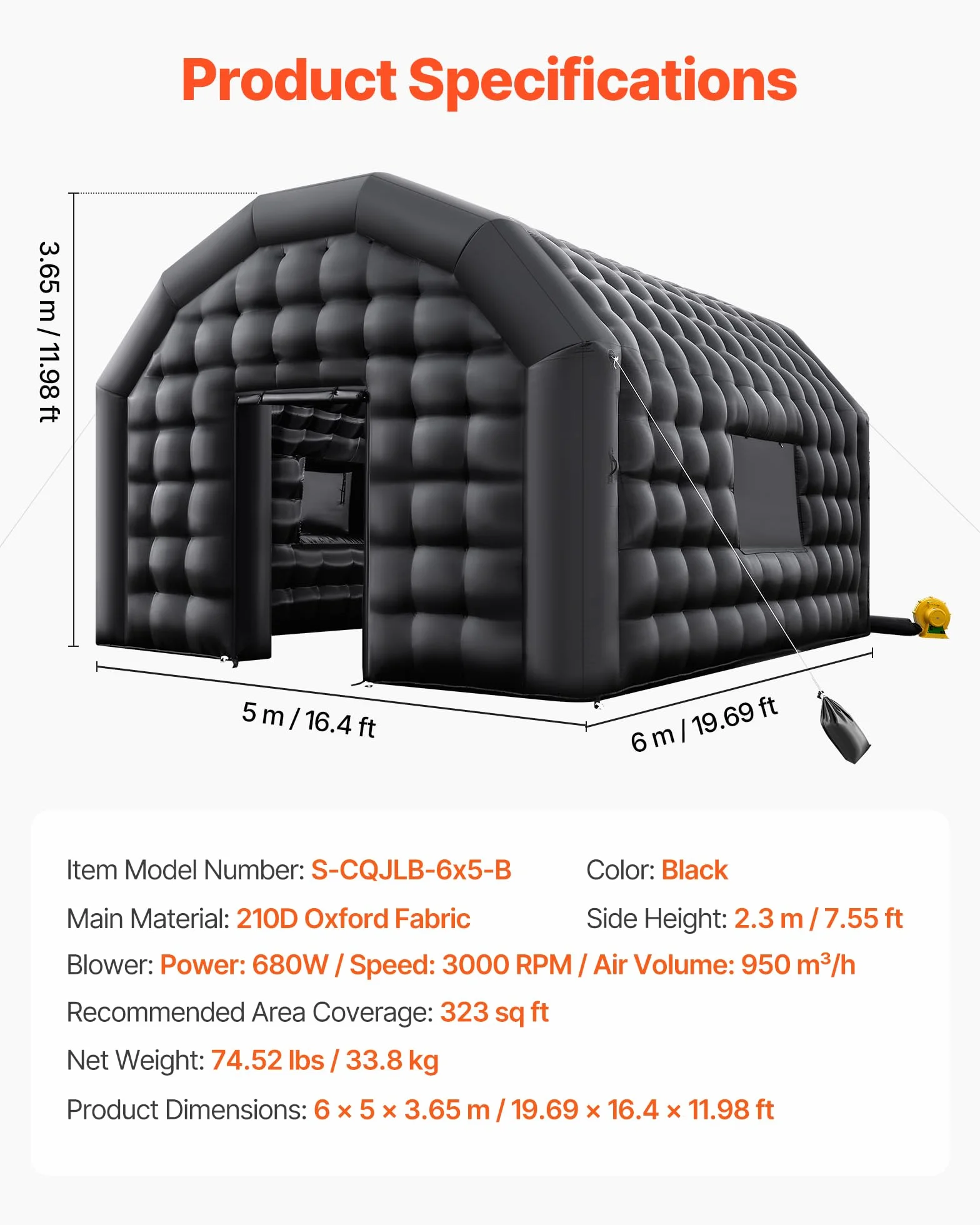 VEVOR nadmuchiwany namiot nocny, 6 x 5 x 3,7 m, nadmuchiwany namiot imprezowy z dmuchawą 680 W i workiem z piaskiem, wentylowany klub nocny z 2 oknami, na imprezę, urodziny, wesele