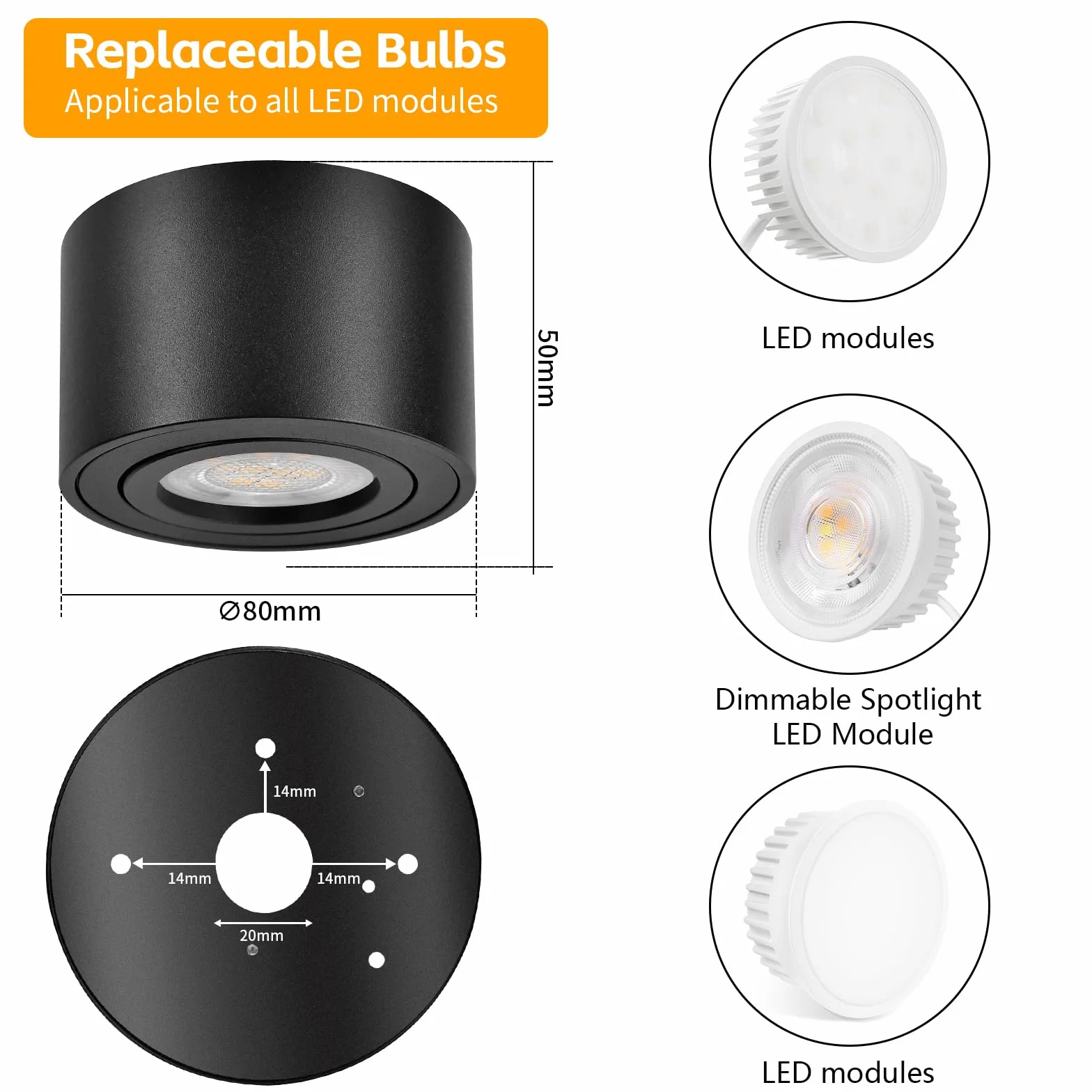 GeyouLux 6x czarne reflektory sufitowe - ekstra płaskie i obrotowe o 38° - Ø80 x 50 mm - obrotowy reflektor - 5 W 500 lm 3000K - moduł LED 230 V w zestawie - Aluminiowa lampa sufitowa LED