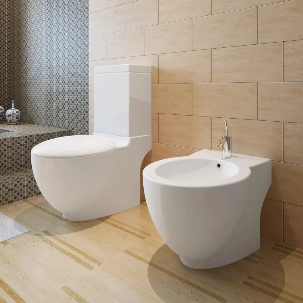 Ceramiczny bidet WC biały z pokrywką Soft-Close, dwie ilości spłukiwania, montaż ścienny, trwały, higieniczny, nowoczesny design do łazienki, łącznie ze spłuczką